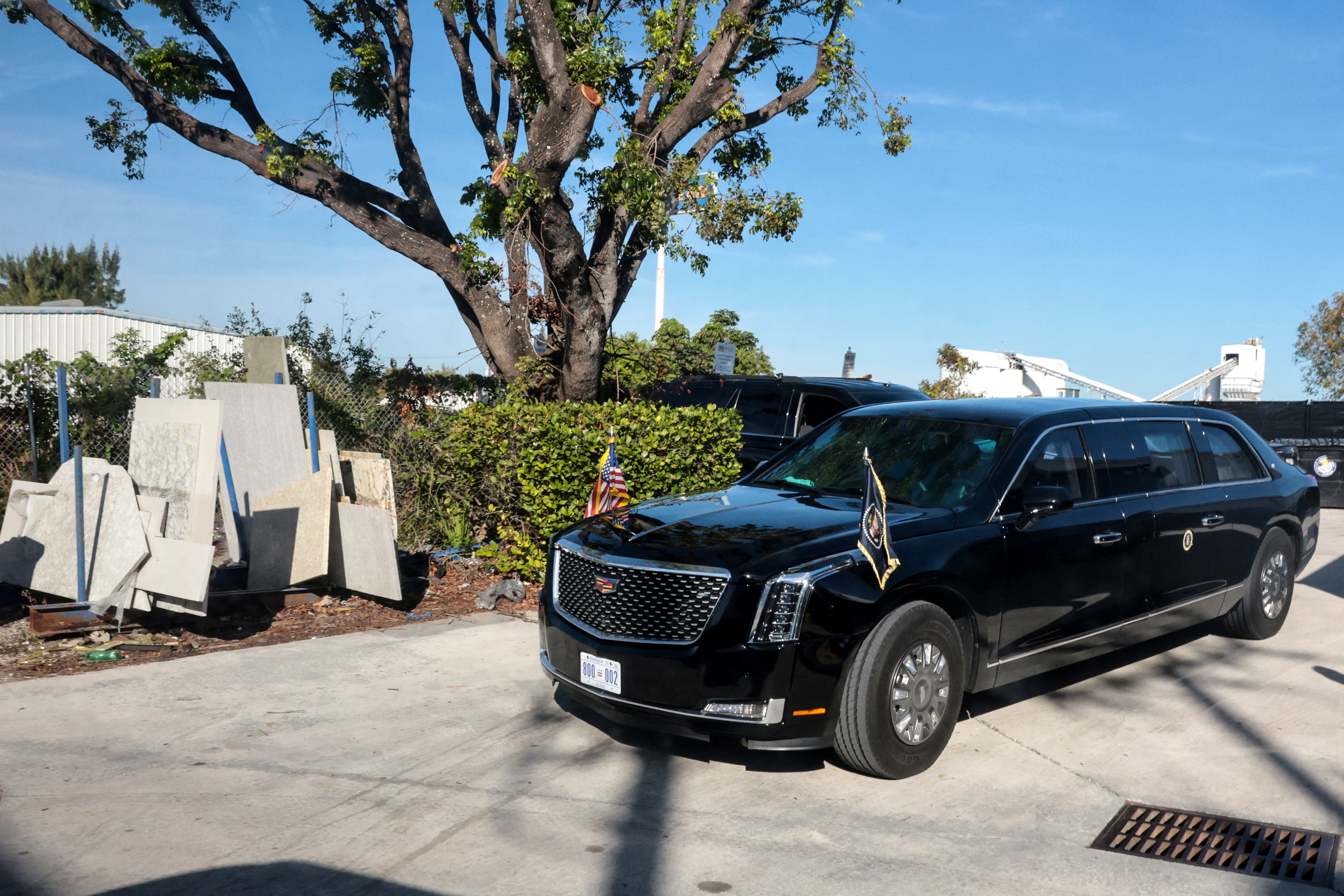U.S. President Trump's motorcade in an industrial park while he purchases marble and onyx in Lake Worth, Florida