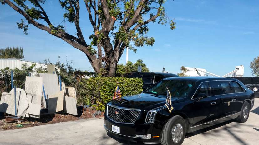 U.S. President Trump's motorcade in an industrial park while he purchases marble and onyx in Lake Worth, Florida