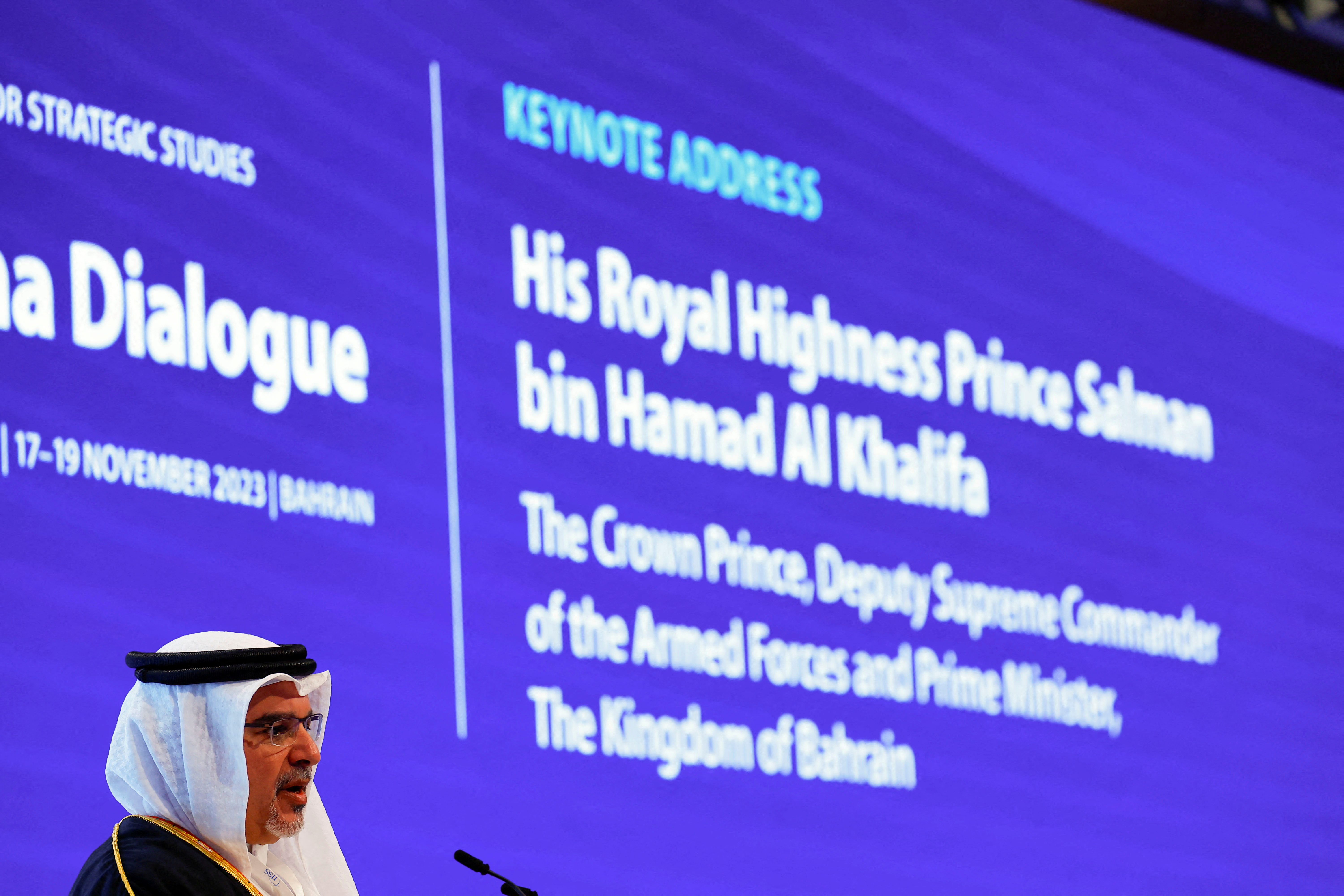 Bahrain's Crown Prince and Prime Minister, Sheikh Salman bin Hamad al-Khalifa speaks at the IISS Manama Dialogue in Manama