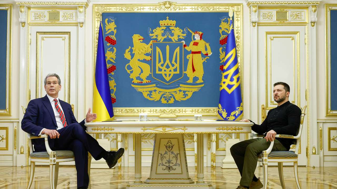 Ukraine's President Zelenskiy and U.S. Secretary of the Treasury Bessent attend a meeting in Kyiv