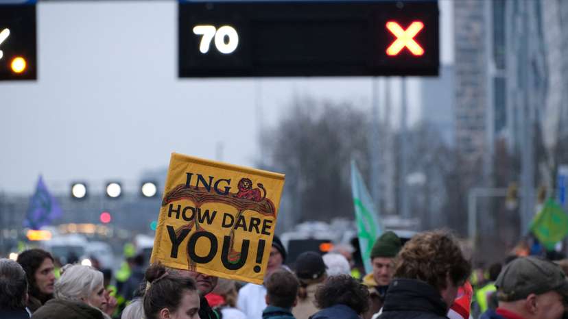 Activists from Extinction Rebellion Netherlands protest against ING on a highway in Amsterdam