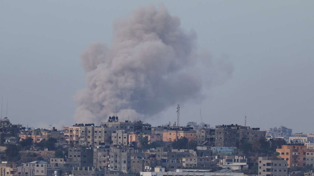 Smoke rises after Israeli air strikes in Gaza, as seen from southern Israel