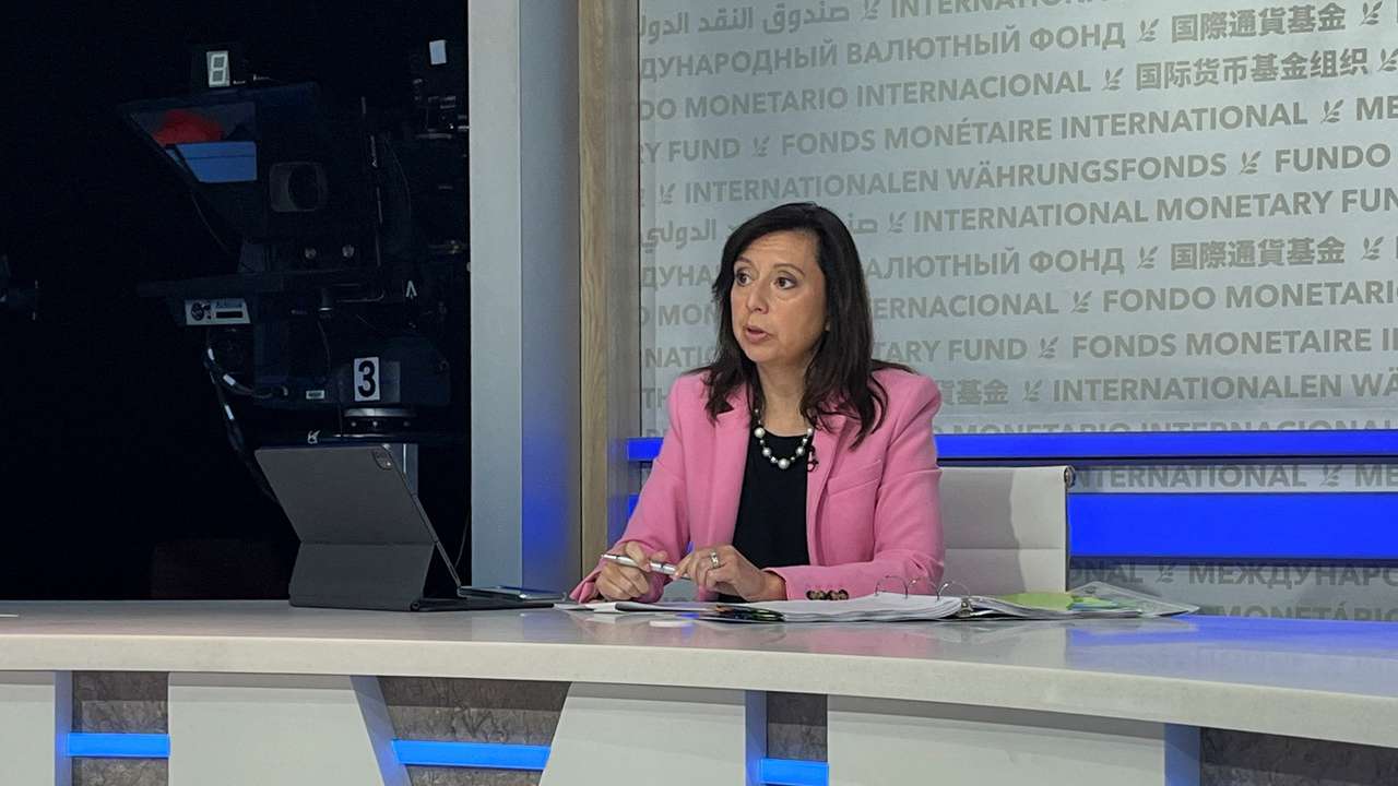 International Monetary Fund spokesperson Julie Kozack speaks to reporters at the IMF's headquarters, in Washington