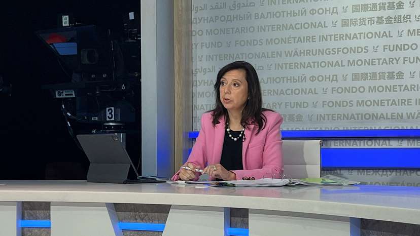 International Monetary Fund spokesperson Julie Kozack speaks to reporters at the IMF's headquarters, in Washington