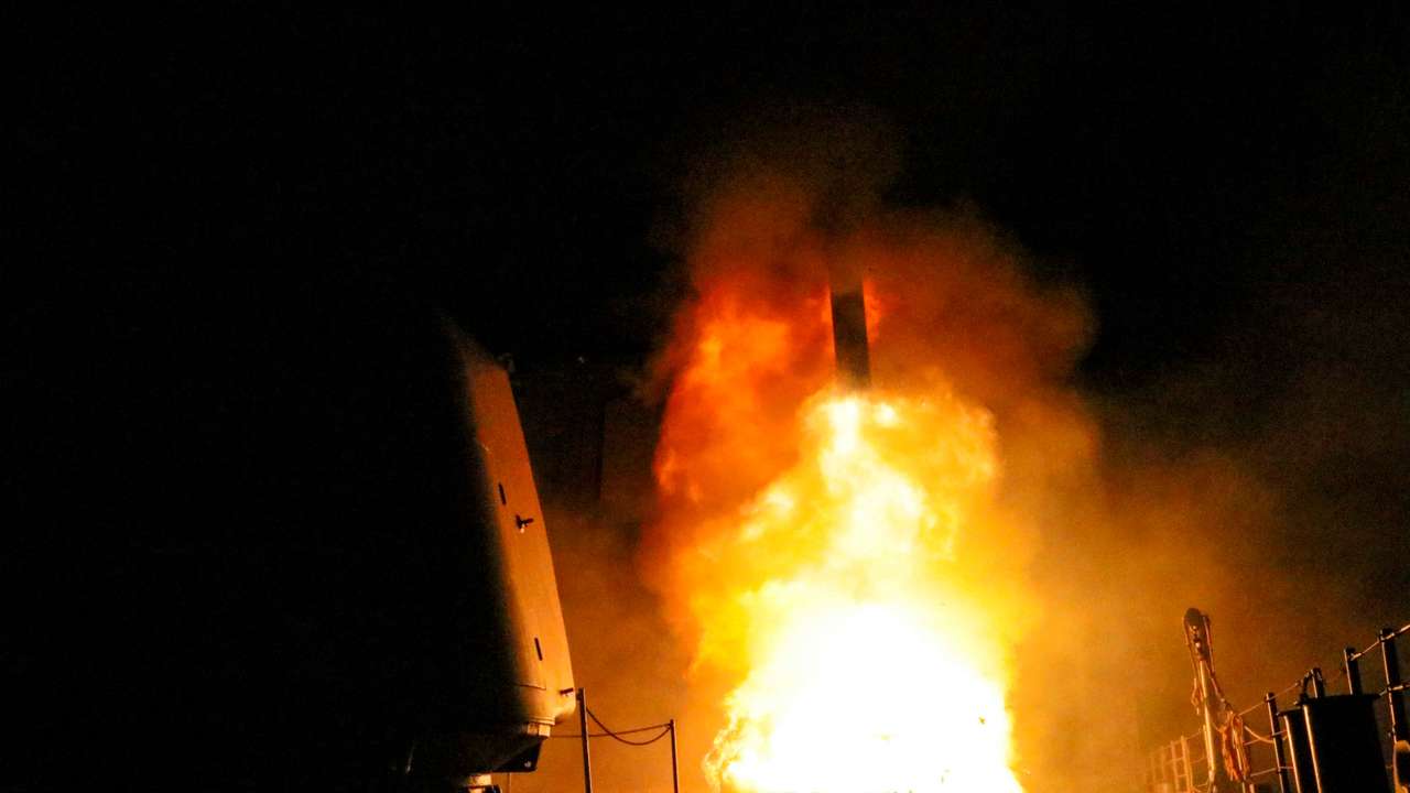 FILE PHOTO: The guided-missile cruiser USS Monterey fires a Tomahawk land attack missile