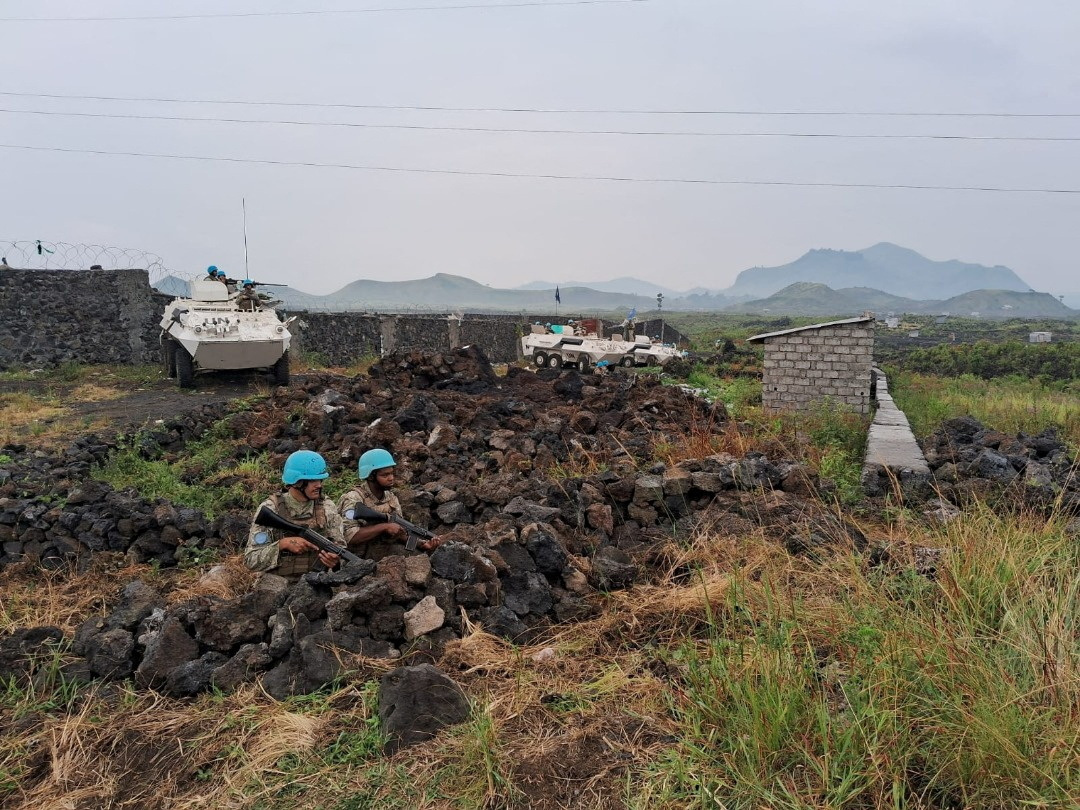 Members of the United Nations Organization Stabilization Mission in the Democratic Republic of the Congo (MONUSCO) keep guard in a location given as North Kivu