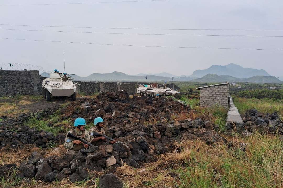 Members of the United Nations Organization Stabilization Mission in the Democratic Republic of the Congo (MONUSCO) keep guard in a location given as North Kivu