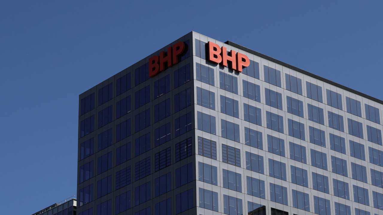 A BHP Group logo is displayed on their building in Adelaide