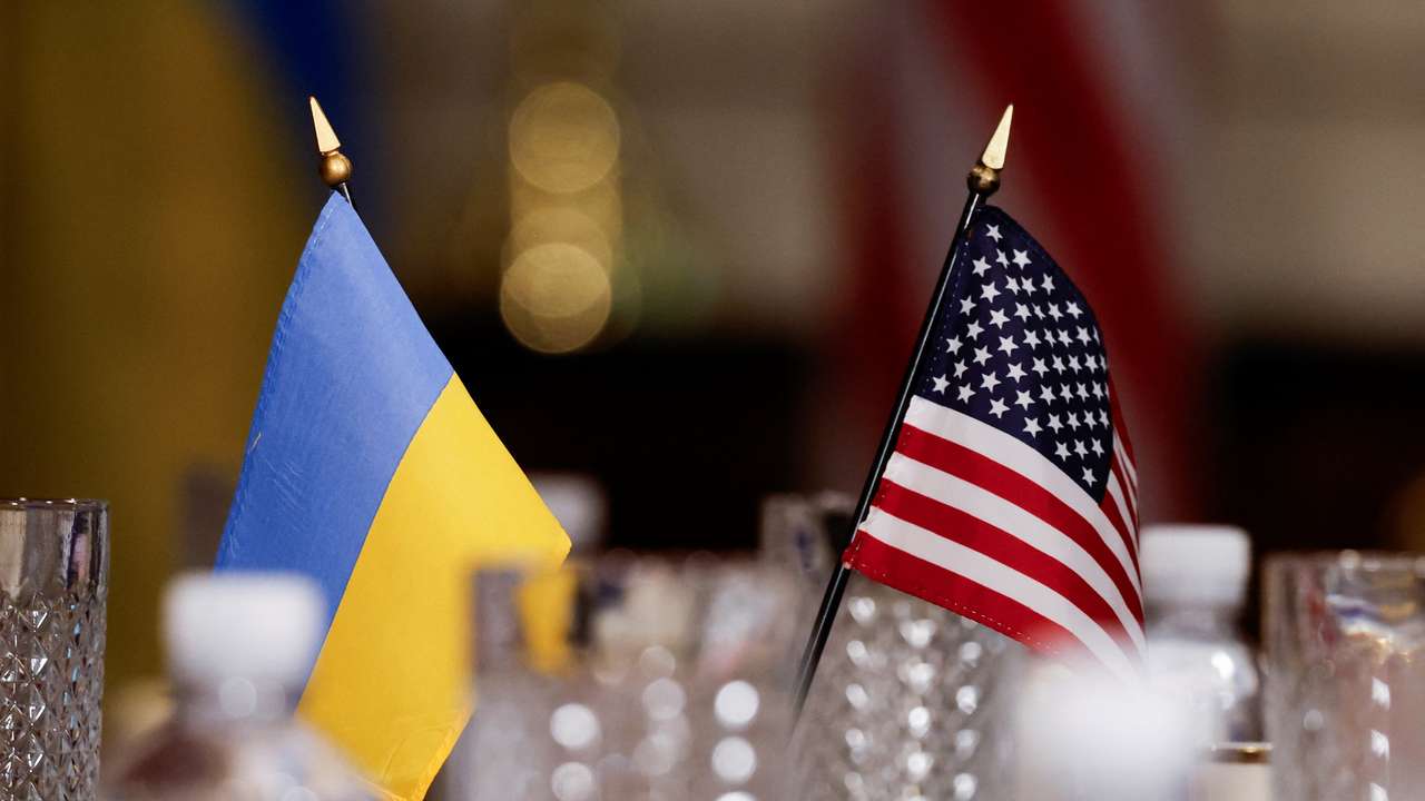 Flags of Ukraine and U.S. are pictured during a meeting at the Pentagon, in Washington