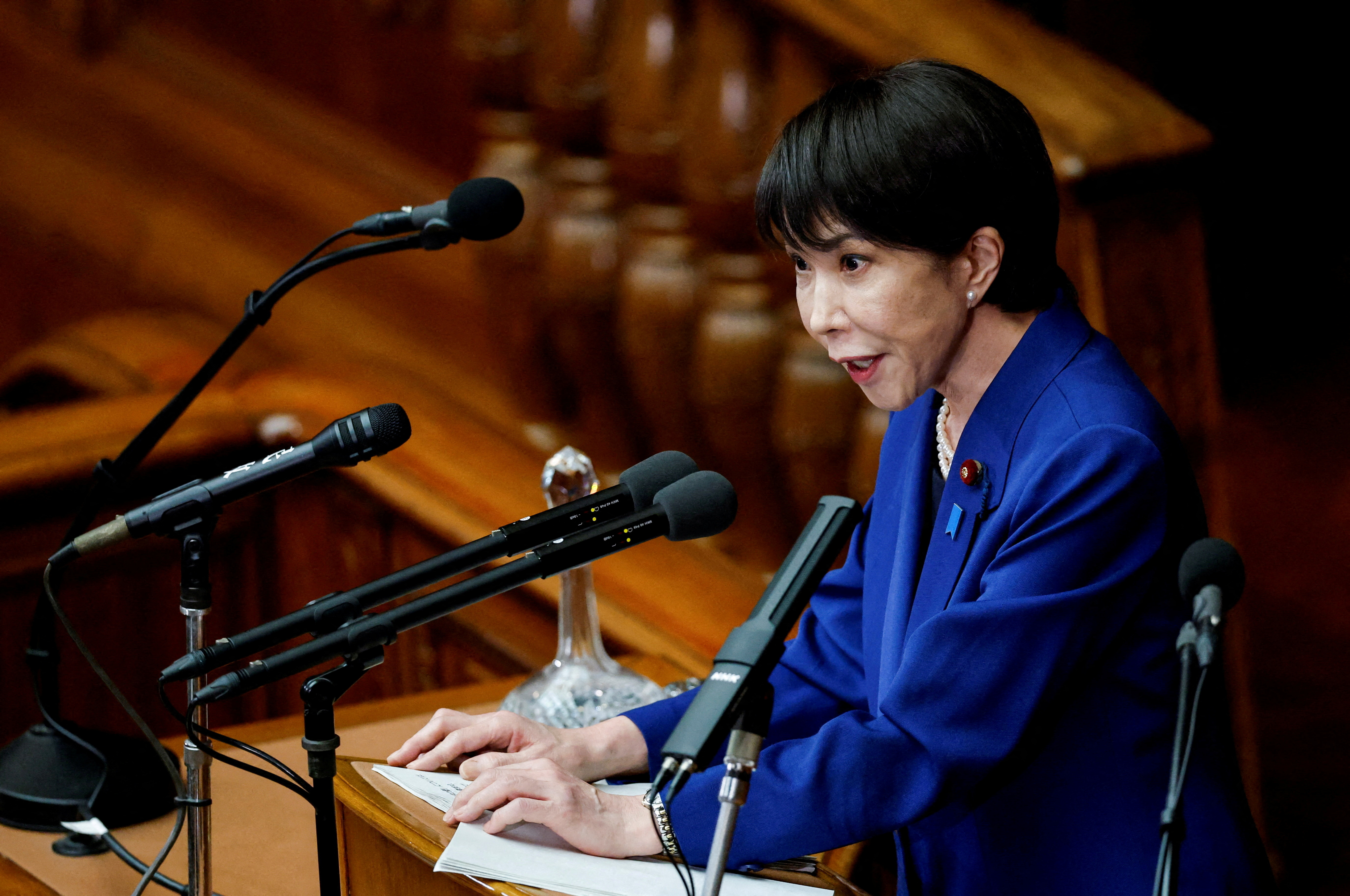 FILE PHOTO: Japan's Prime Minister Sanae Takaichi in parliament in Tokyo