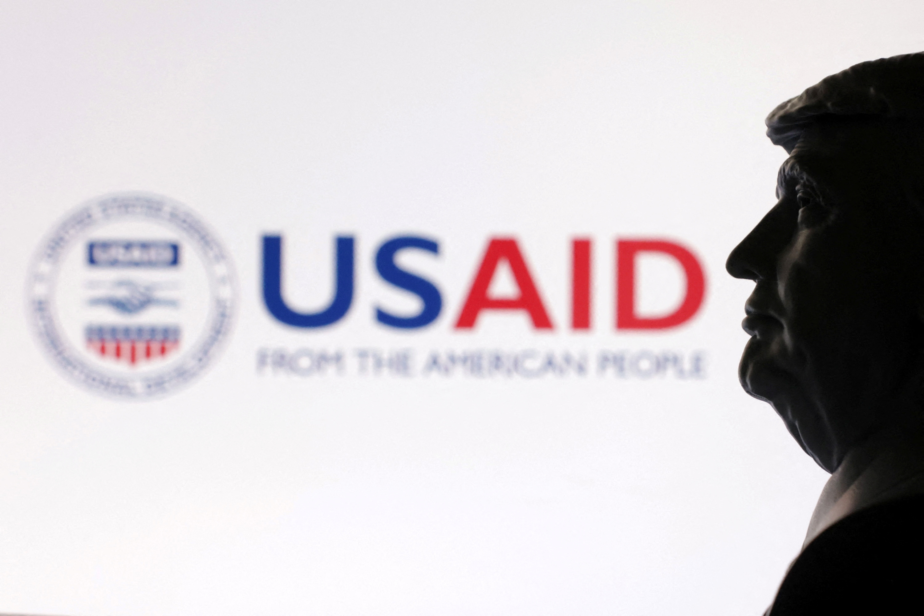 Illustration shows 3D-printed miniature model of U.S. President Trump and USAID logo