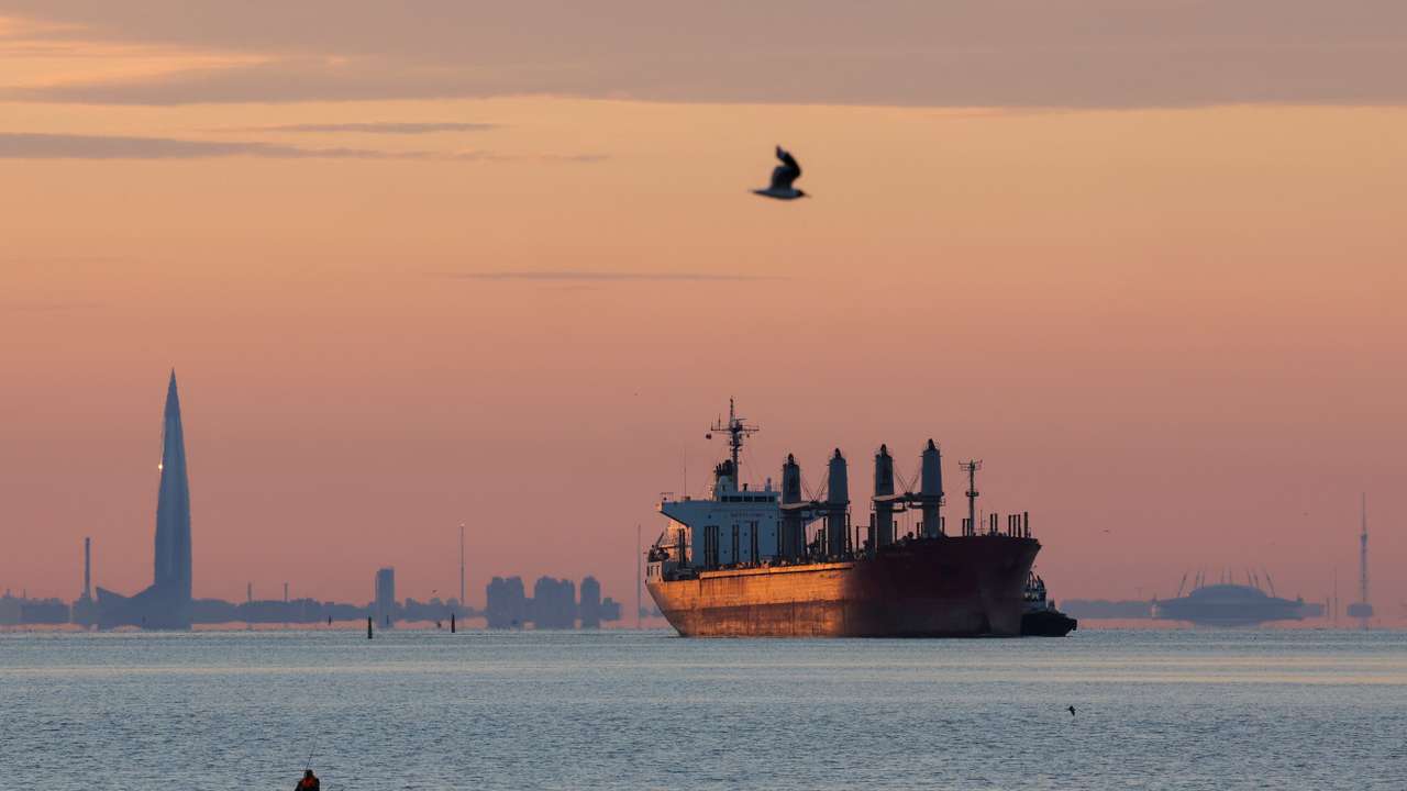 A cargo ship moves towards a port in St Petersburg