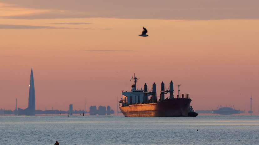 A cargo ship moves towards a port in St Petersburg
