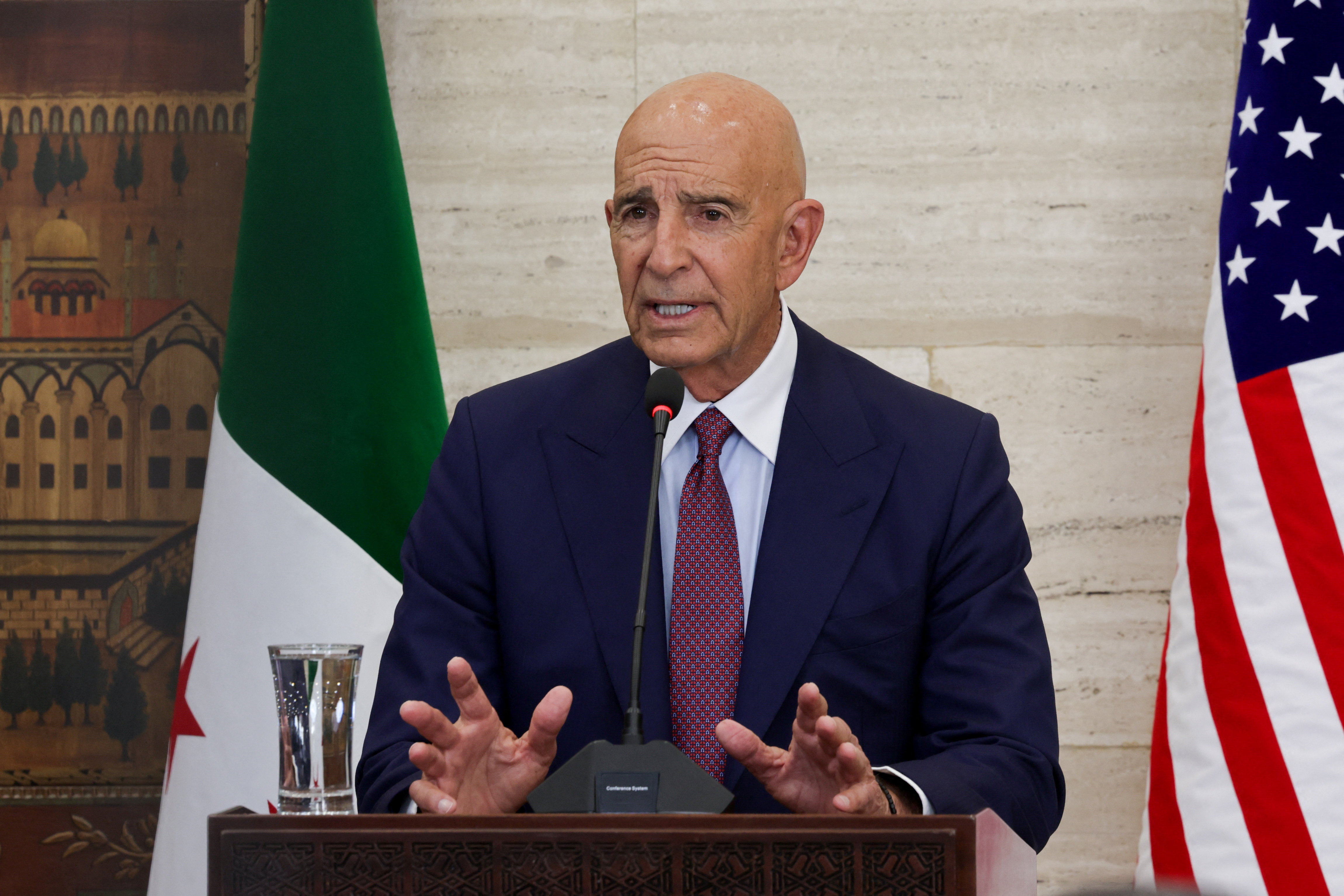 Syrian Foreign Minister Asaad Hassan al-Shibani, Jordanian Foreign Minister Ayman Safadi and U.S. special envoy for Syria Tom Barrack meet in Damascus