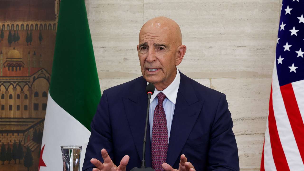 Syrian Foreign Minister Asaad Hassan al-Shibani, Jordanian Foreign Minister Ayman Safadi and U.S. special envoy for Syria Tom Barrack meet in Damascus