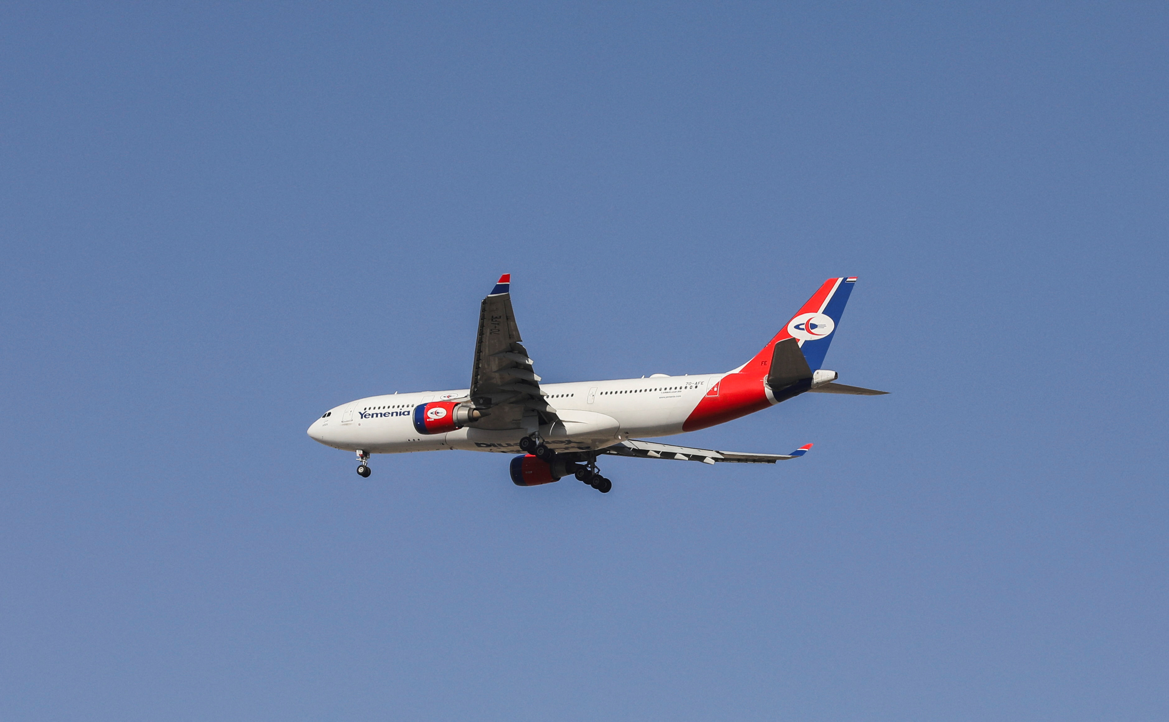 A Yemenia - Yemen Airways Airbus A330-200 plane flies upon arrival at Sanaa Airport in Sanaa