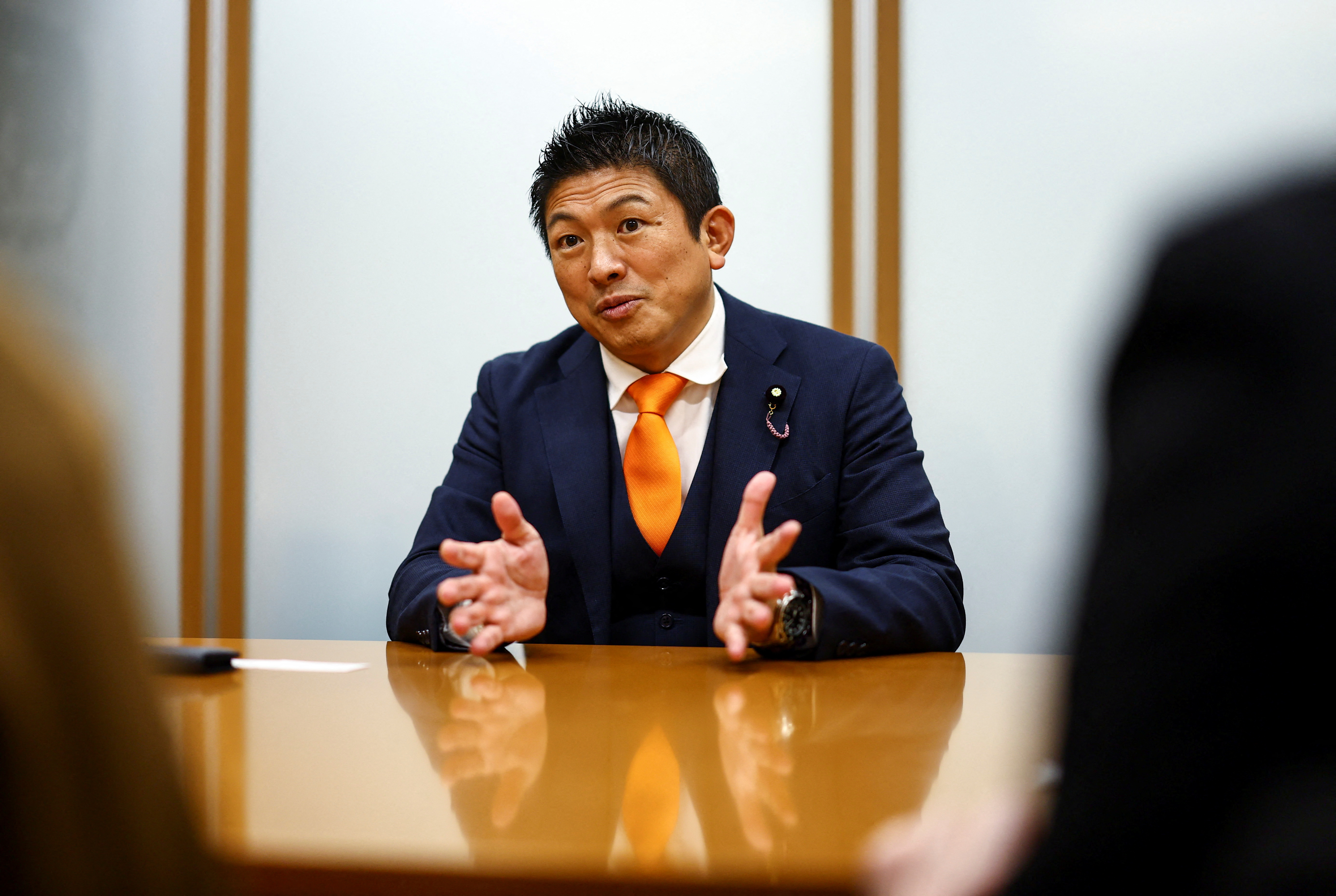 Japan's Sanseito party leader Sohei Kamiya speaks during an interview with Reuters in Tokyo