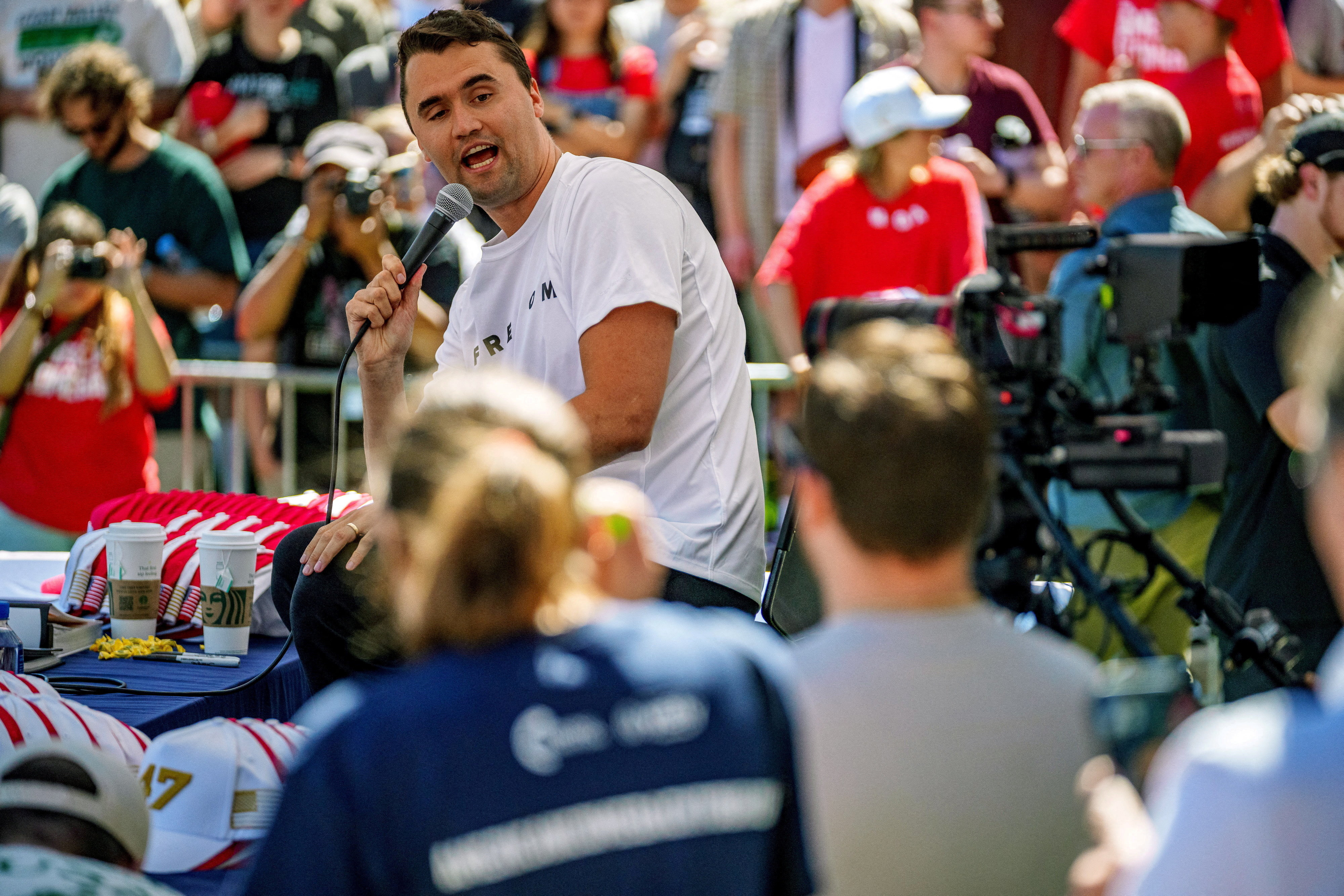 U.S. right-wing activist and commentator Charlie Kirk appears at a Utah Valley University speaking event in Orem