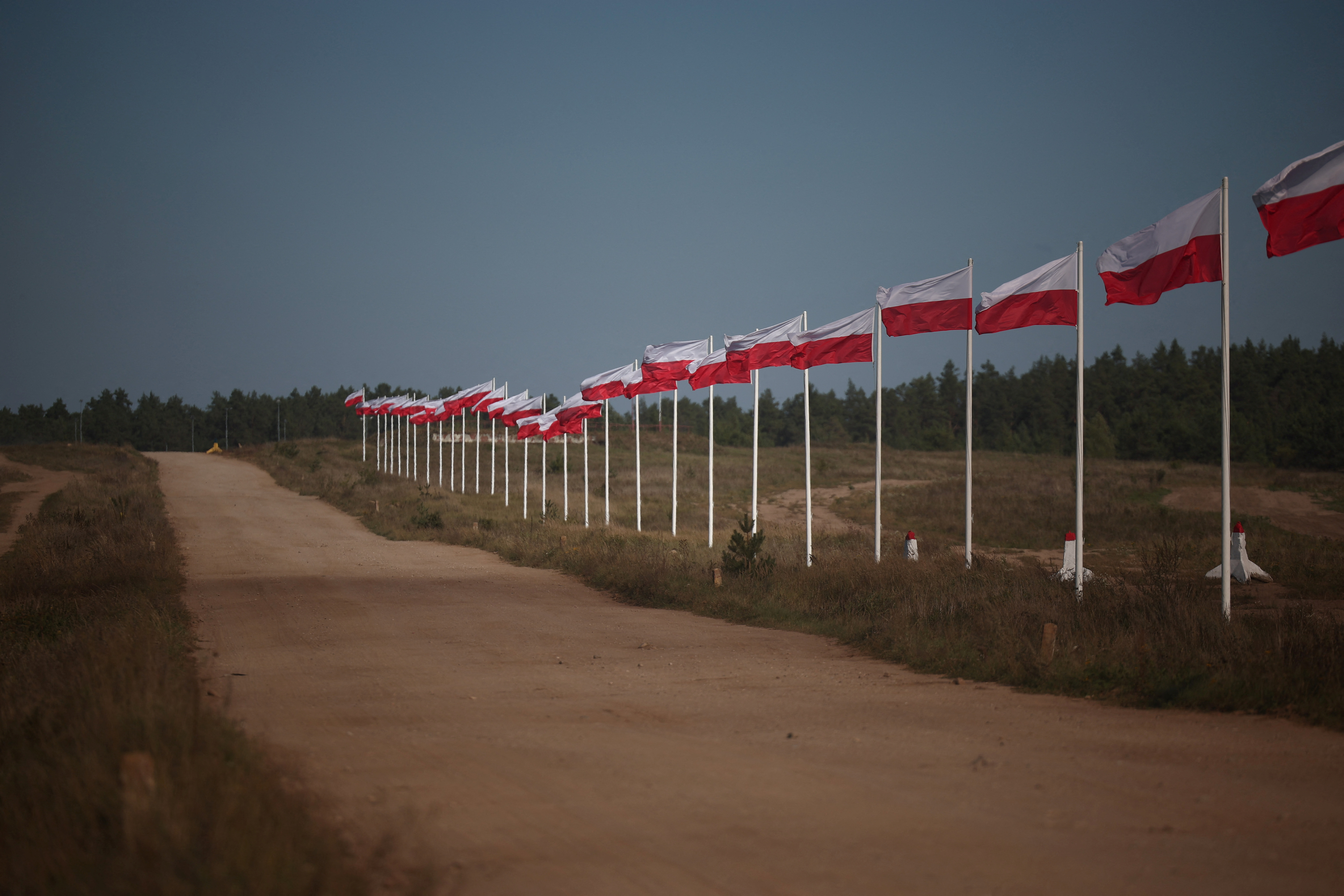 FILE PHOTO: The row of masts with Polish national flags is seen in Bemowo Piskie near Orzysz, Poland