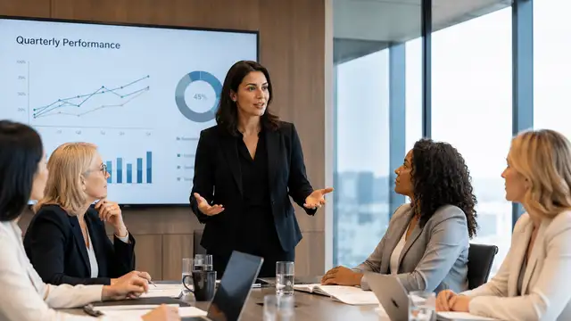 A woman leads a board meeting