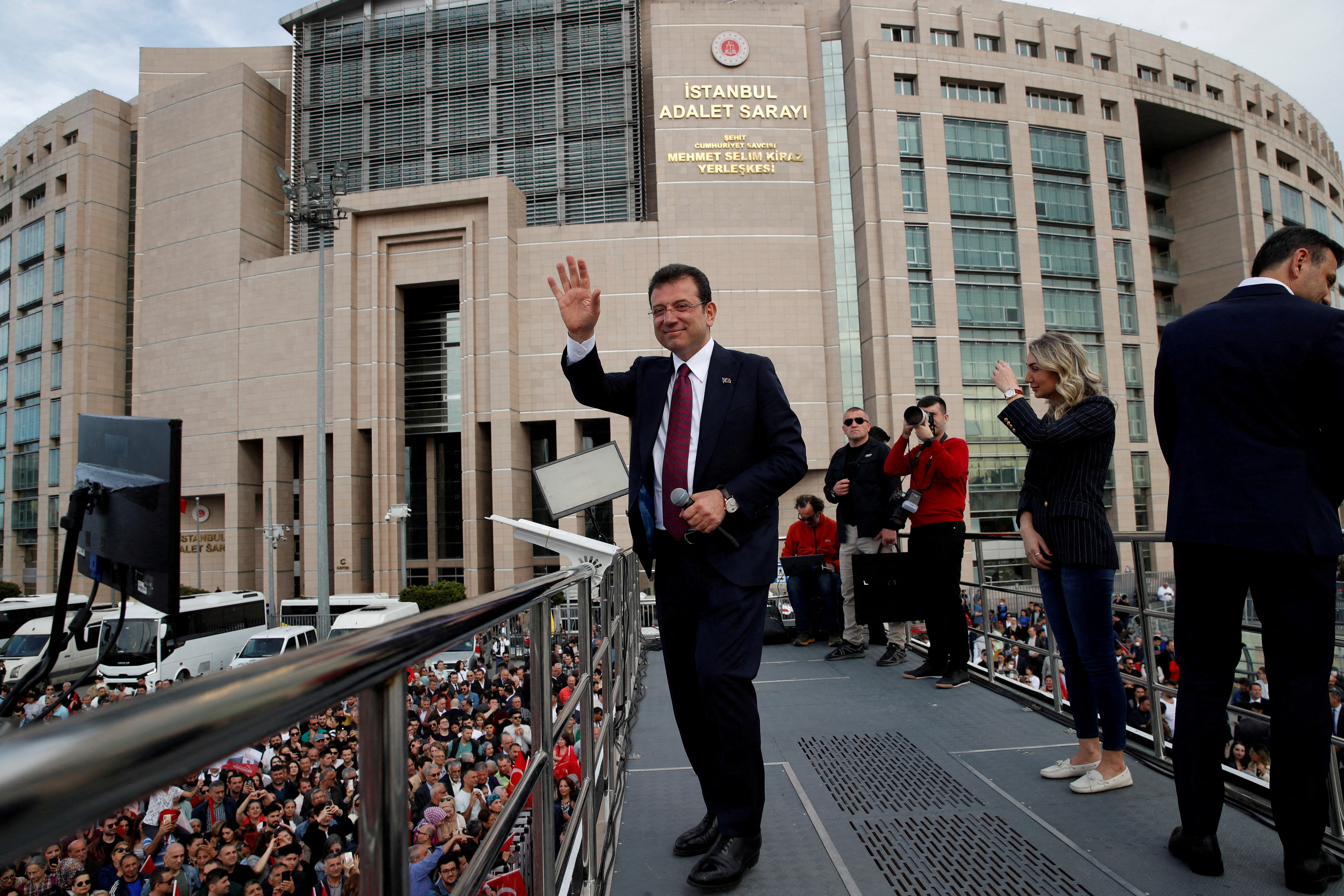 FILE PHOTO: Istanbul Mayor Imamoglu addresses his supporters in front of the Caglayan Courthouse