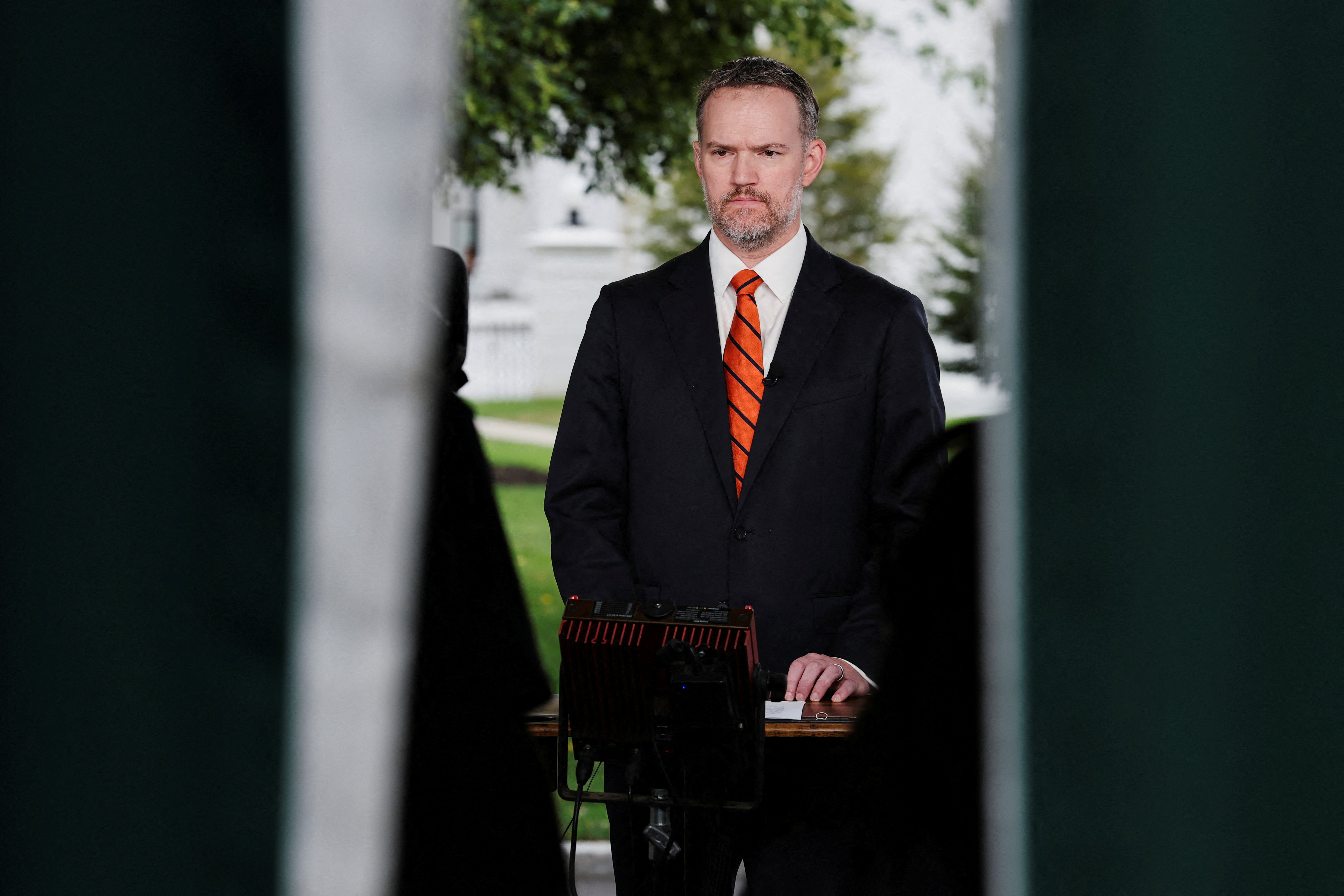 FILE PHOTO: U.S. Trade Representative Greer gives a live TV interview about tariffs at the White House in Washington