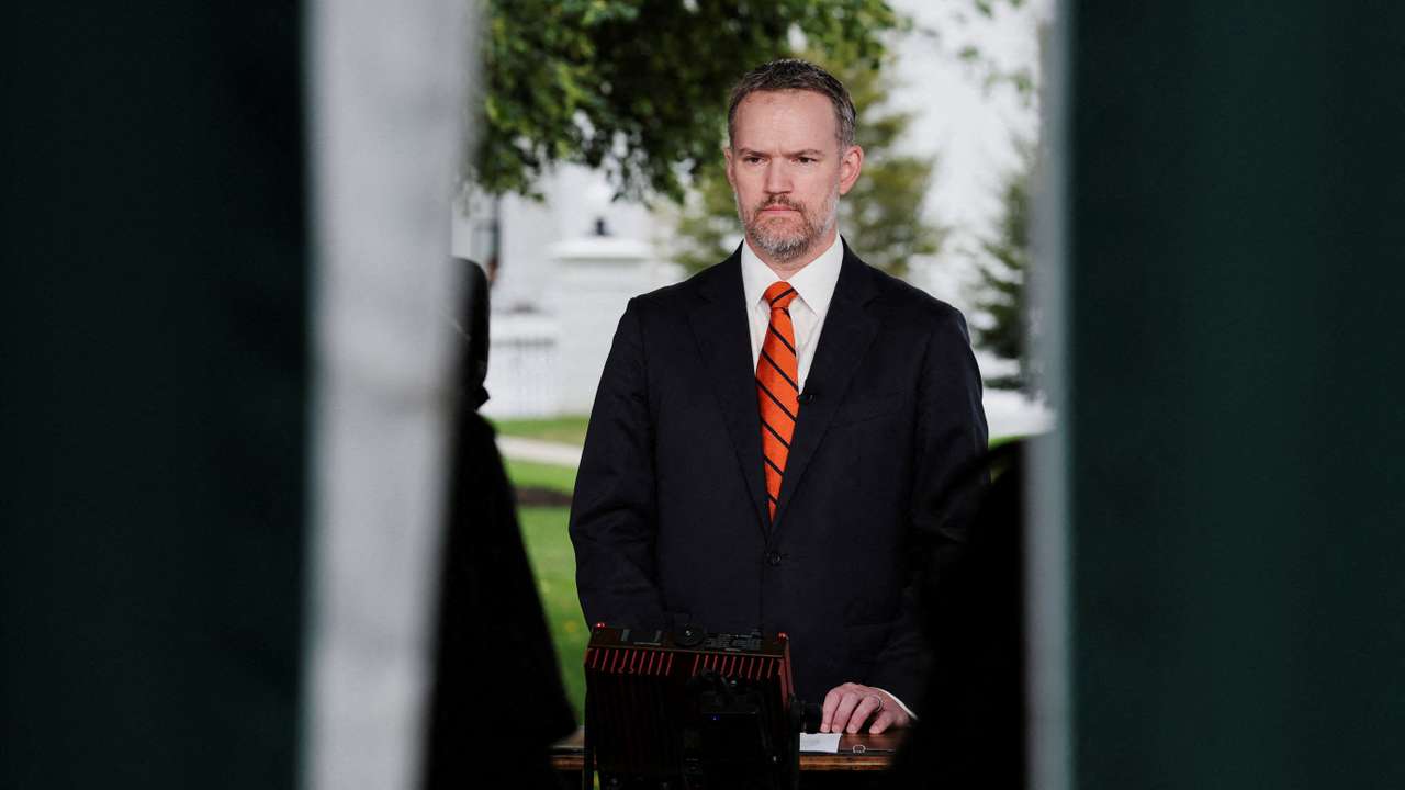FILE PHOTO: U.S. Trade Representative Greer gives a live TV interview about tariffs at the White House in Washington