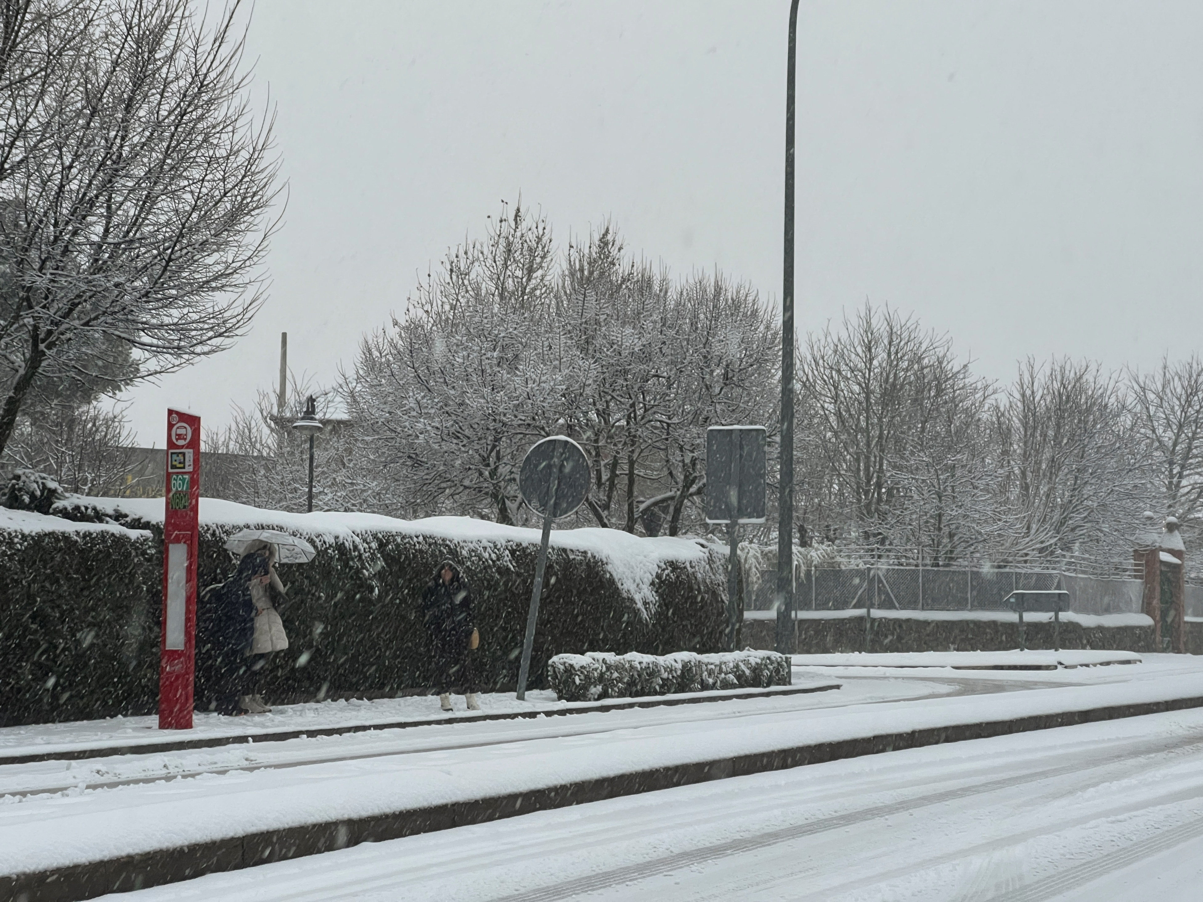 People wait for a bus in the snow as storm Kristin hits several parts of Spain and Portugal, in Galapagar