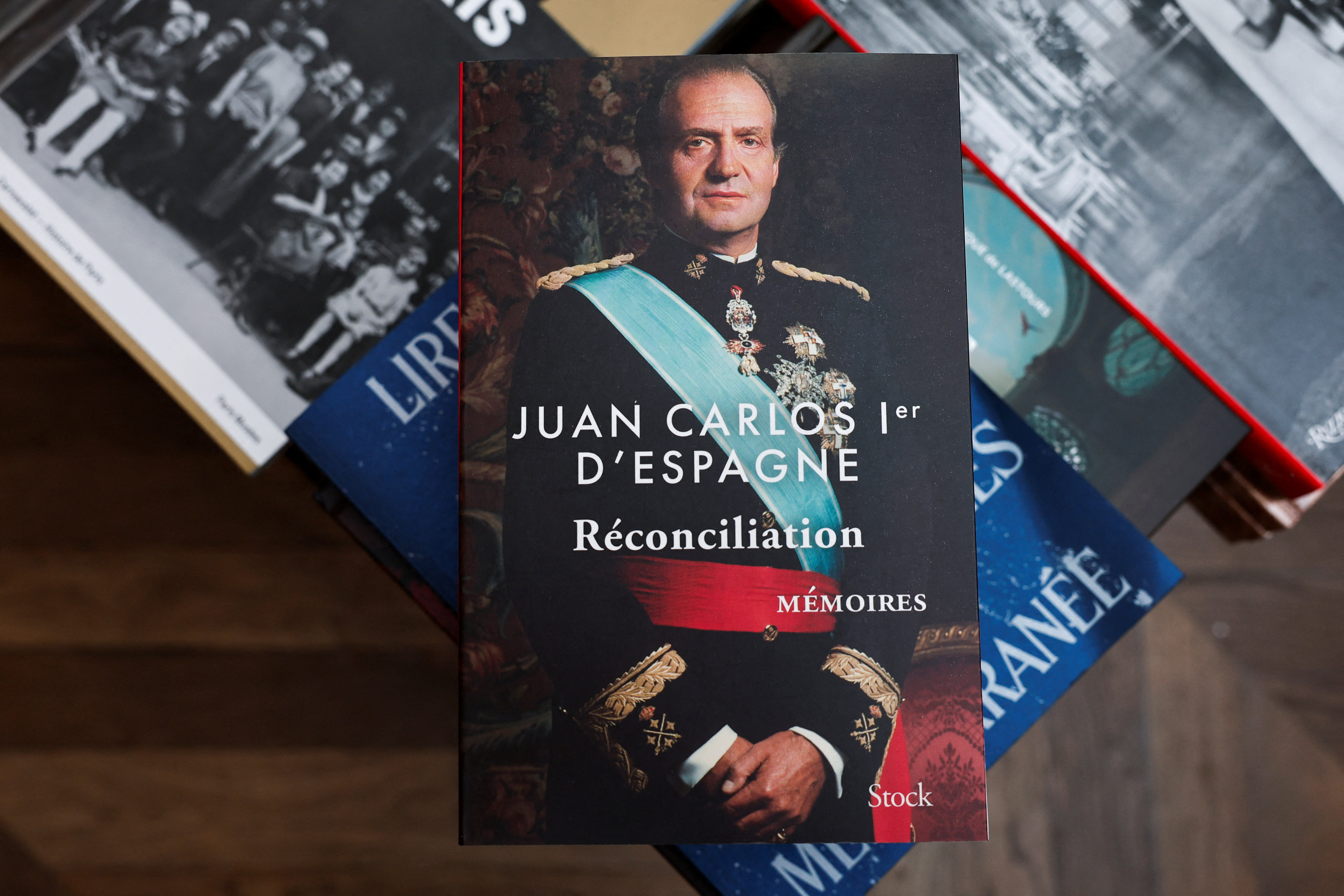 Copies of the book "Reconciliation" written by former King Juan Carlos I of Spain, inside the Galignani bookstore in Paris
