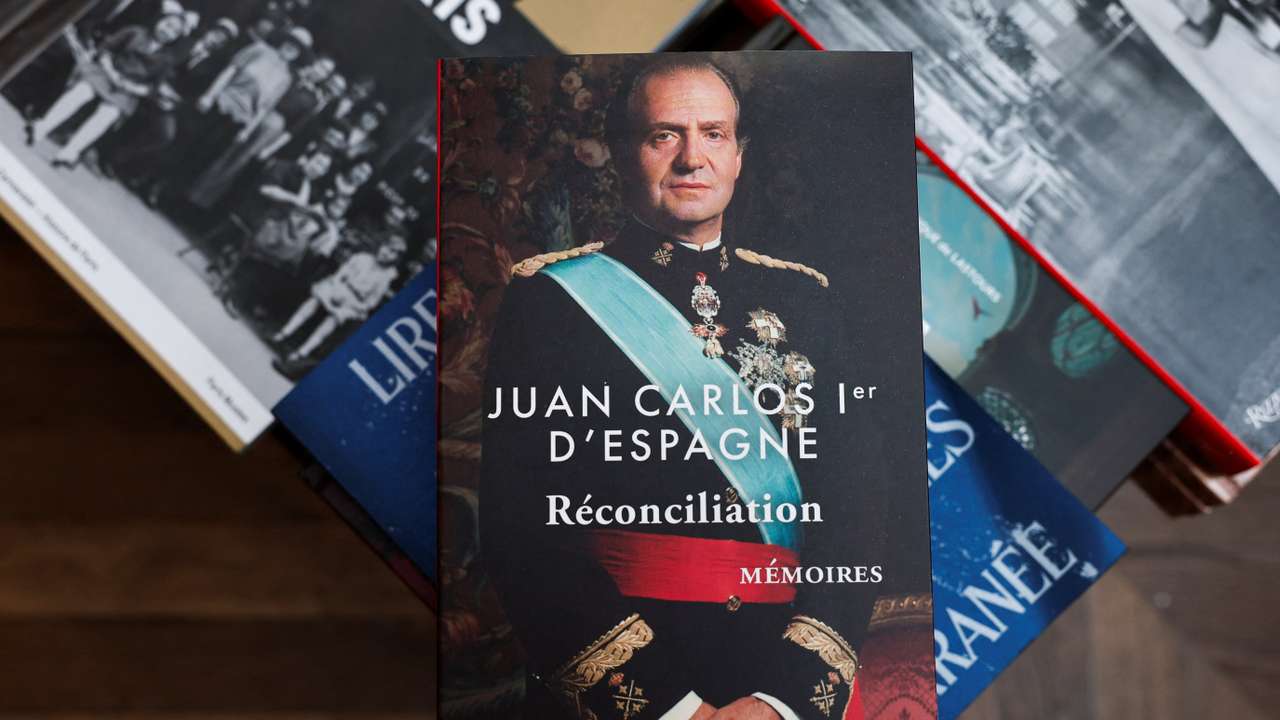 Copies of the book "Reconciliation" written by former King Juan Carlos I of Spain, inside the Galignani bookstore in Paris