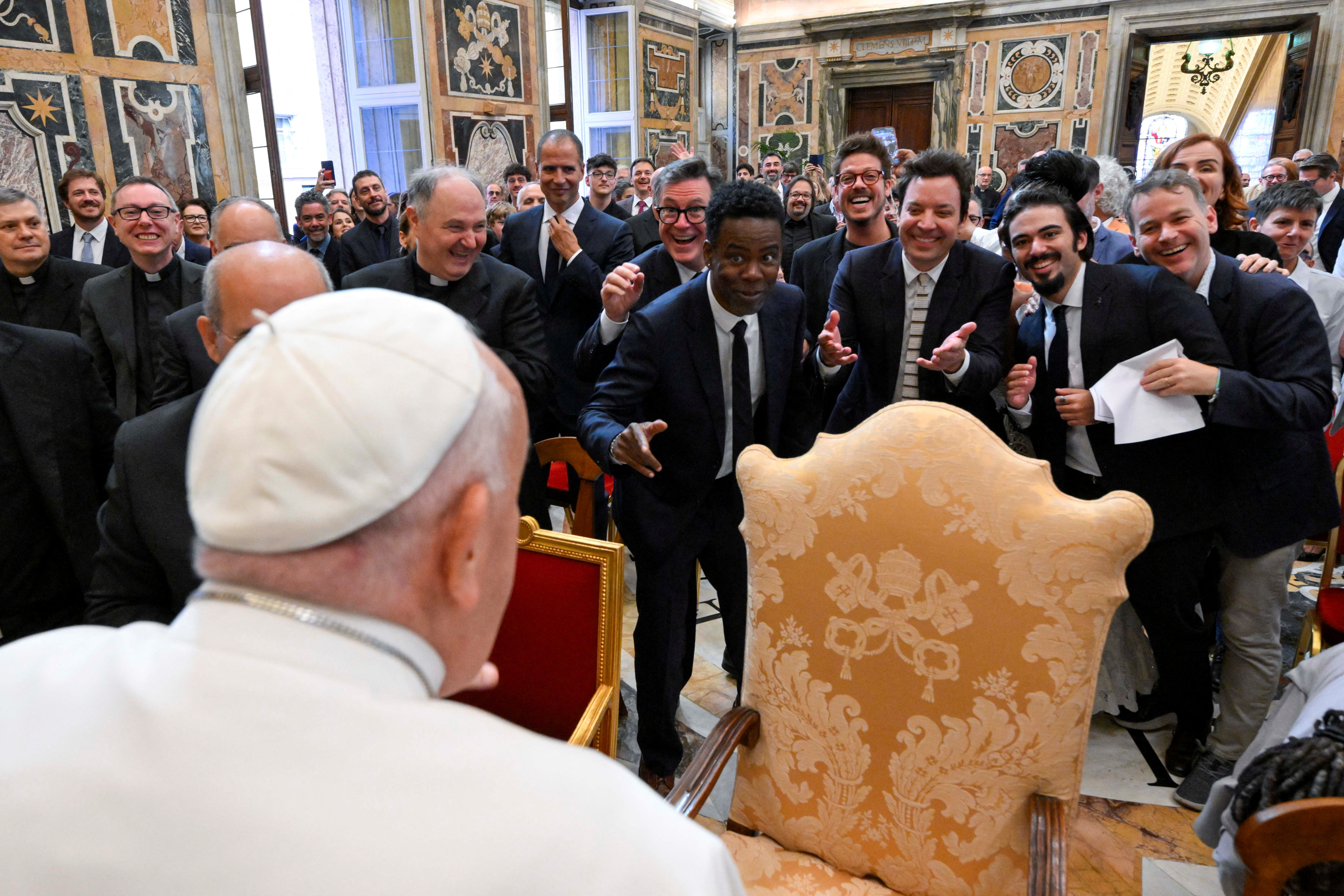 Pope Francis meets with comedians during a cultural event  at the Vatican