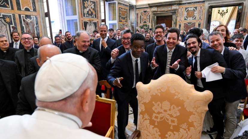Pope Francis meets with comedians during a cultural event at the Vatican