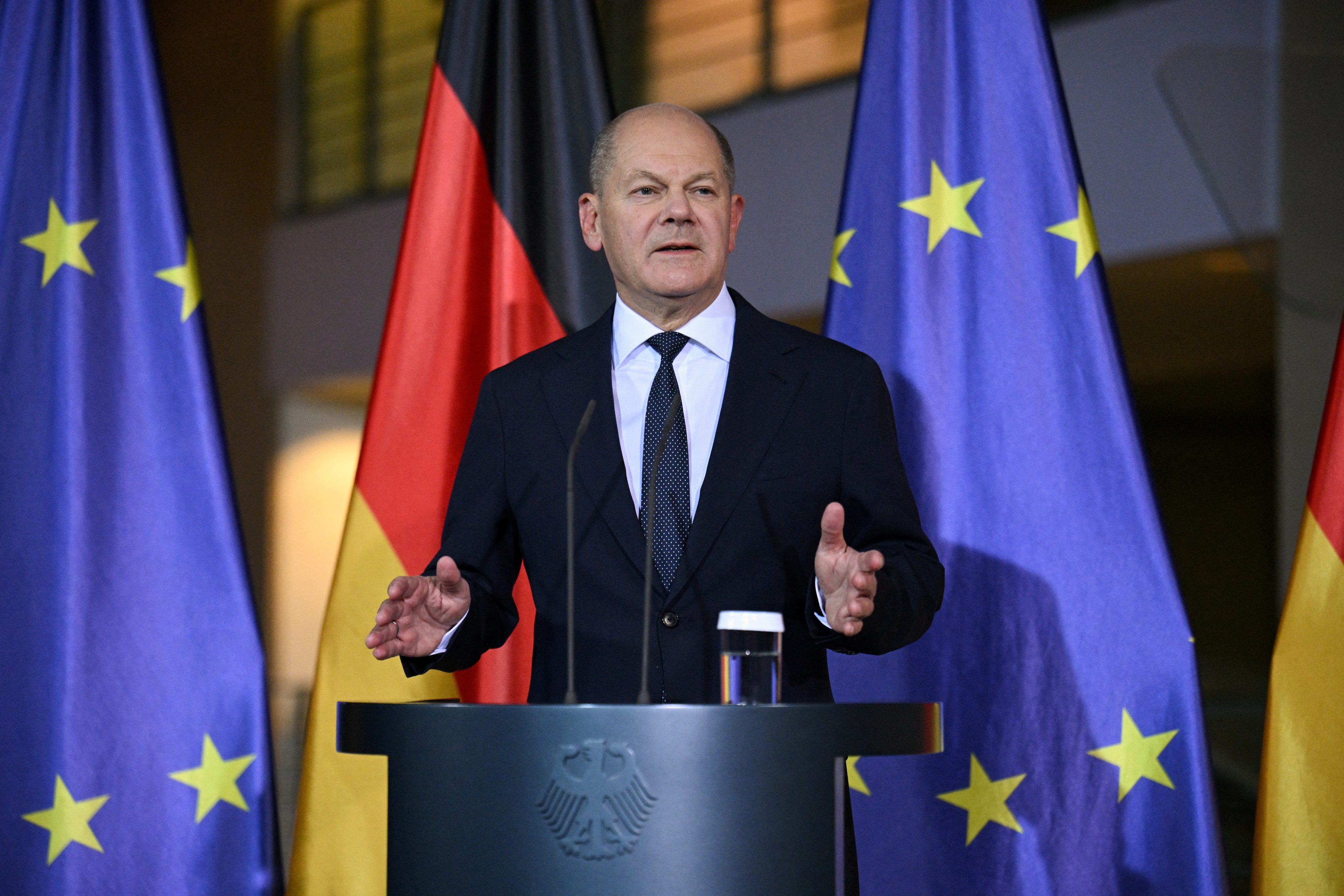 German Chancellor Scholz attends media briefing after sacking Finance Minister Lindner, in Berlin
