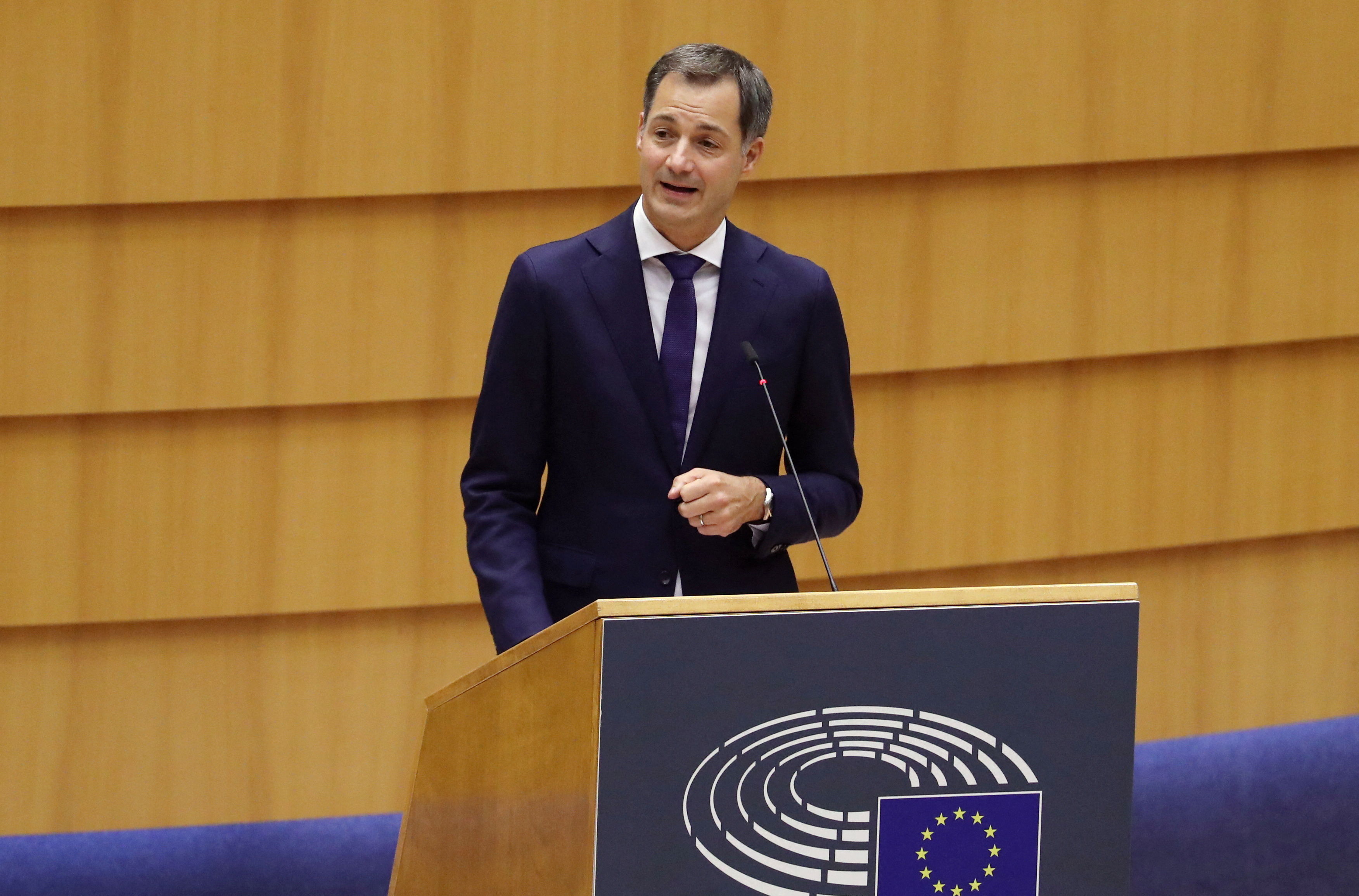 FILE PHOTO: Belgium's newly elected PM De Croo addresses Belgian Parliament