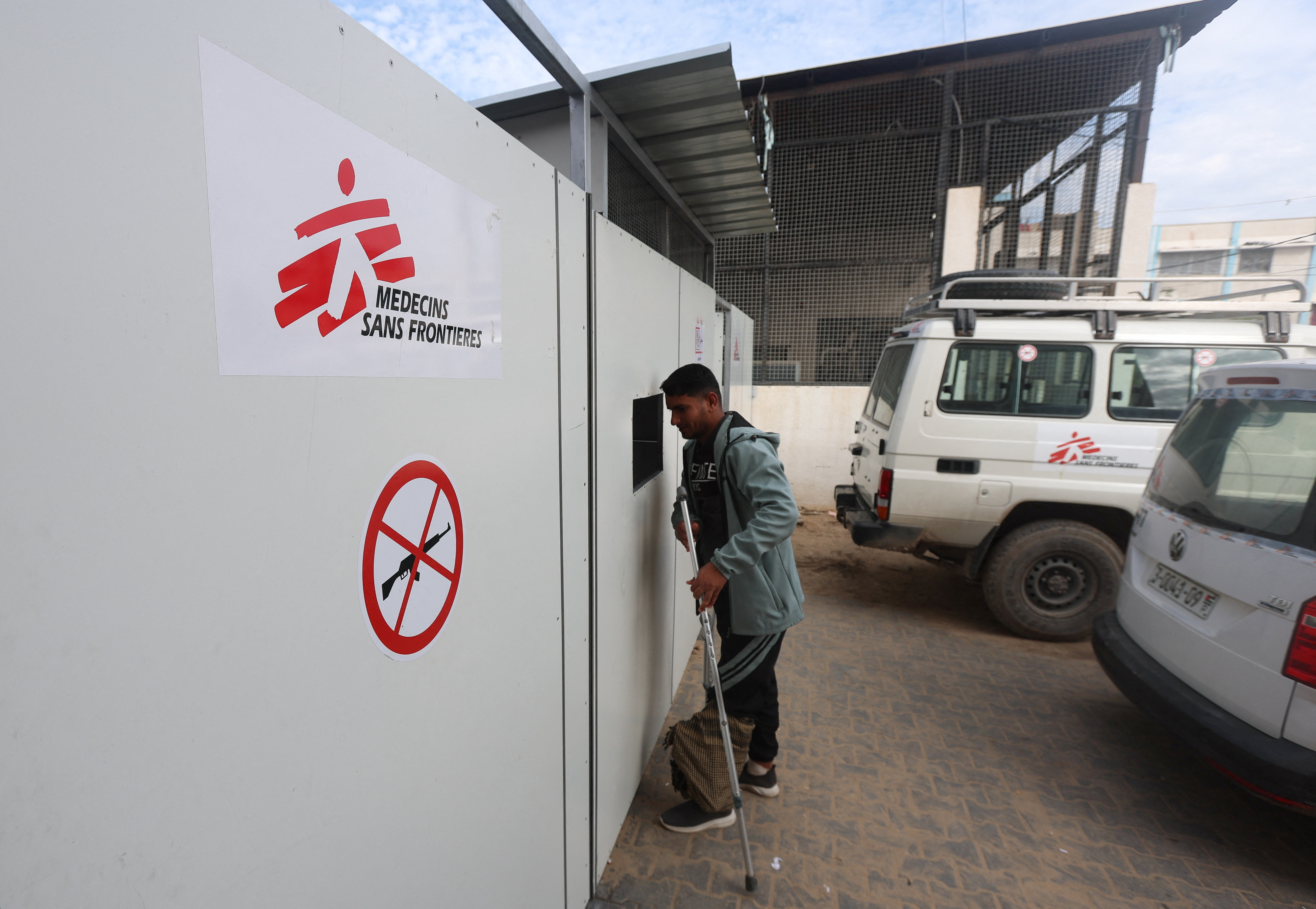 Palestinian war-wounded patients wait to receive medical treatment at MSF clinic in Khan Younis