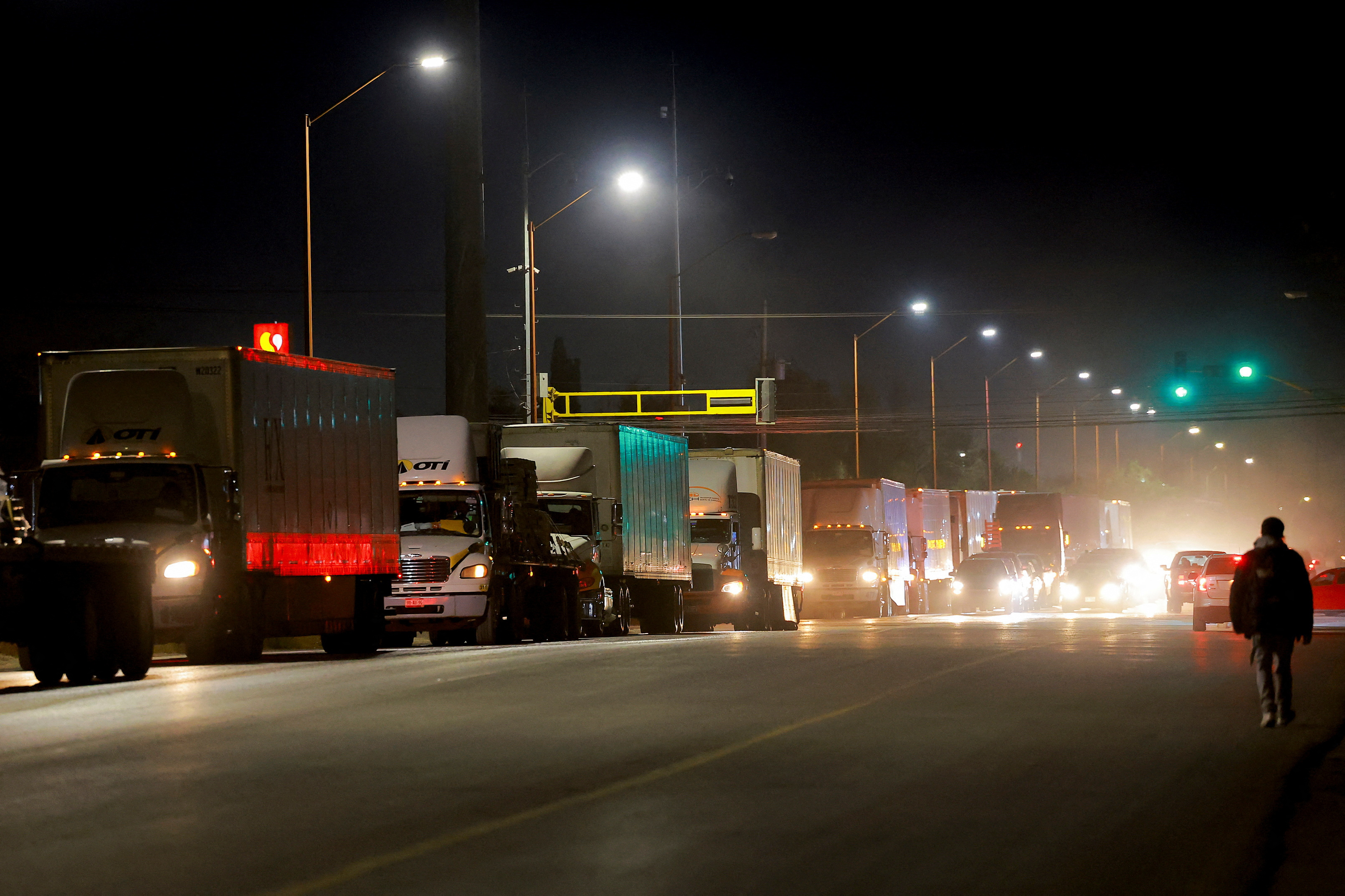 Trucks queue to cross into the United States at Zaragoza-Ysleta border crossing