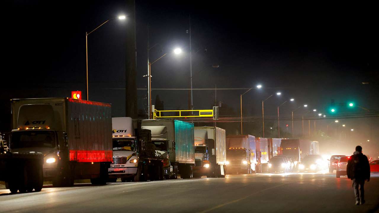 Trucks queue to cross into the United States at Zaragoza-Ysleta border crossing