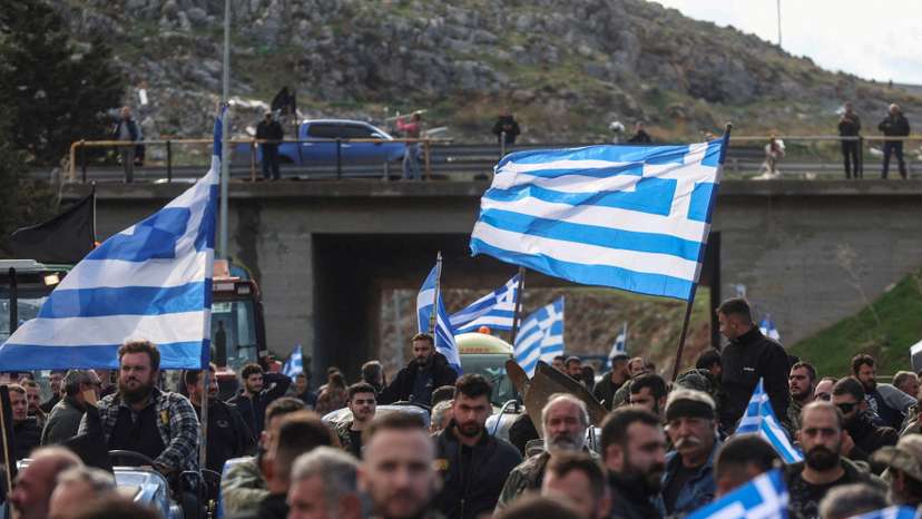 Greek farmers gather near the Heraklion International Airport, in Heraklion