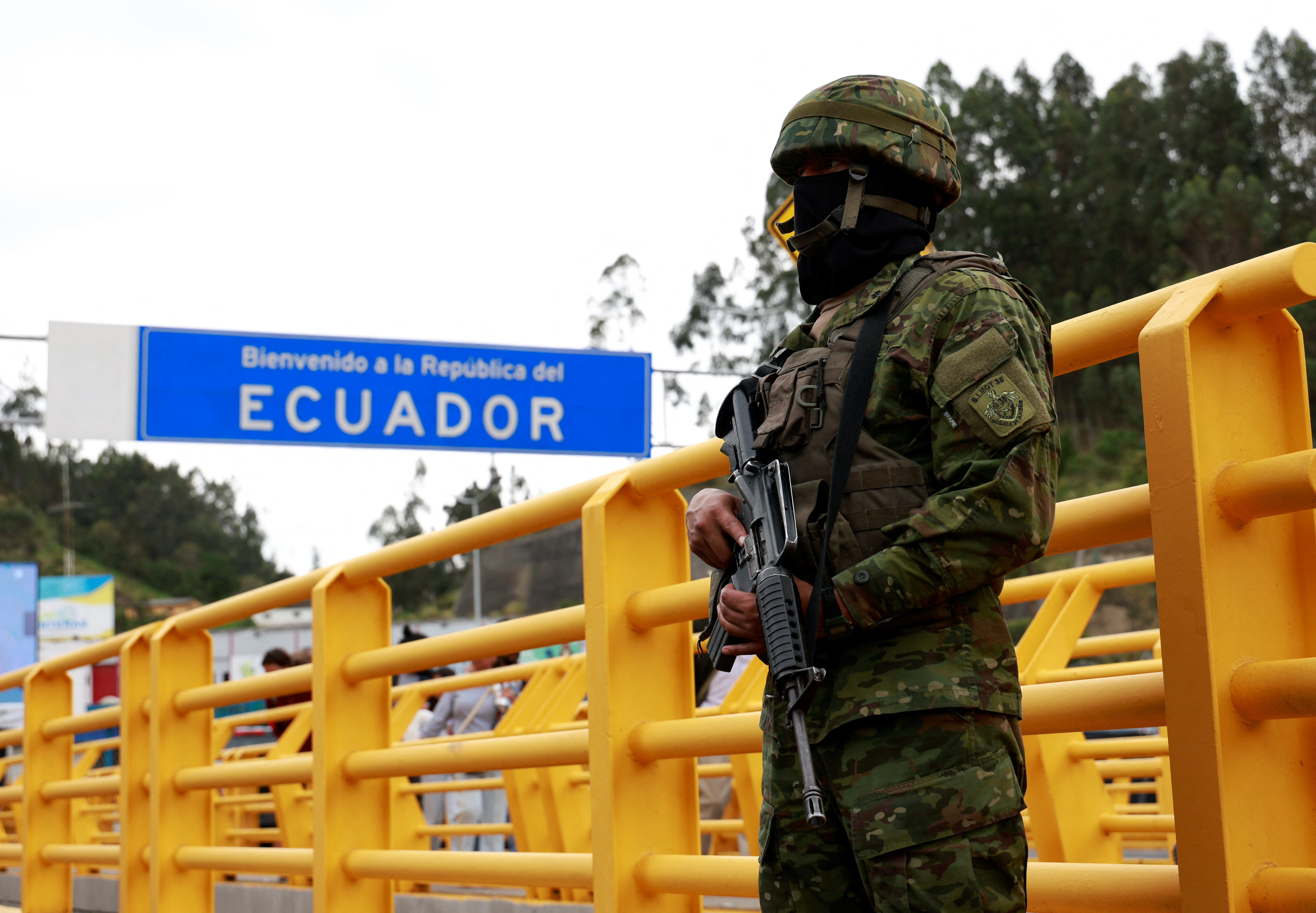 Soldiers carry out a security patrol at the Ecuador-Colombia border, in Tulcan