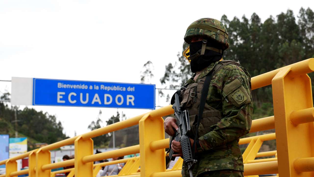 Soldiers carry out a security patrol at the Ecuador-Colombia border, in Tulcan