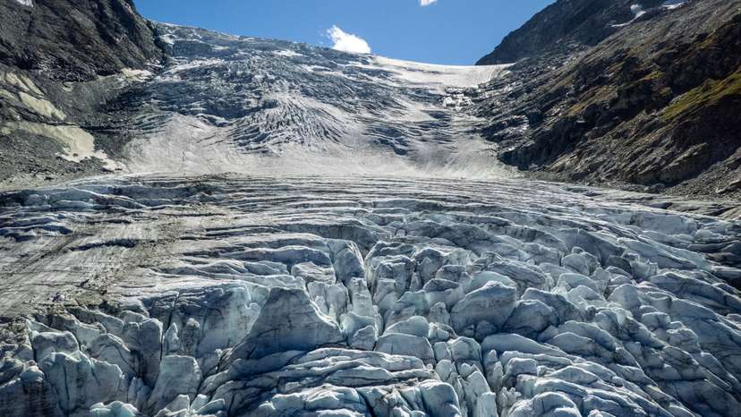 A drone view shows the Turtmann glacier on a warm summer day in Turtmann