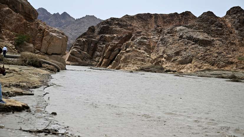 Flood water is visible, with the Red Sea mountains visible in the background, in Port Sudan
