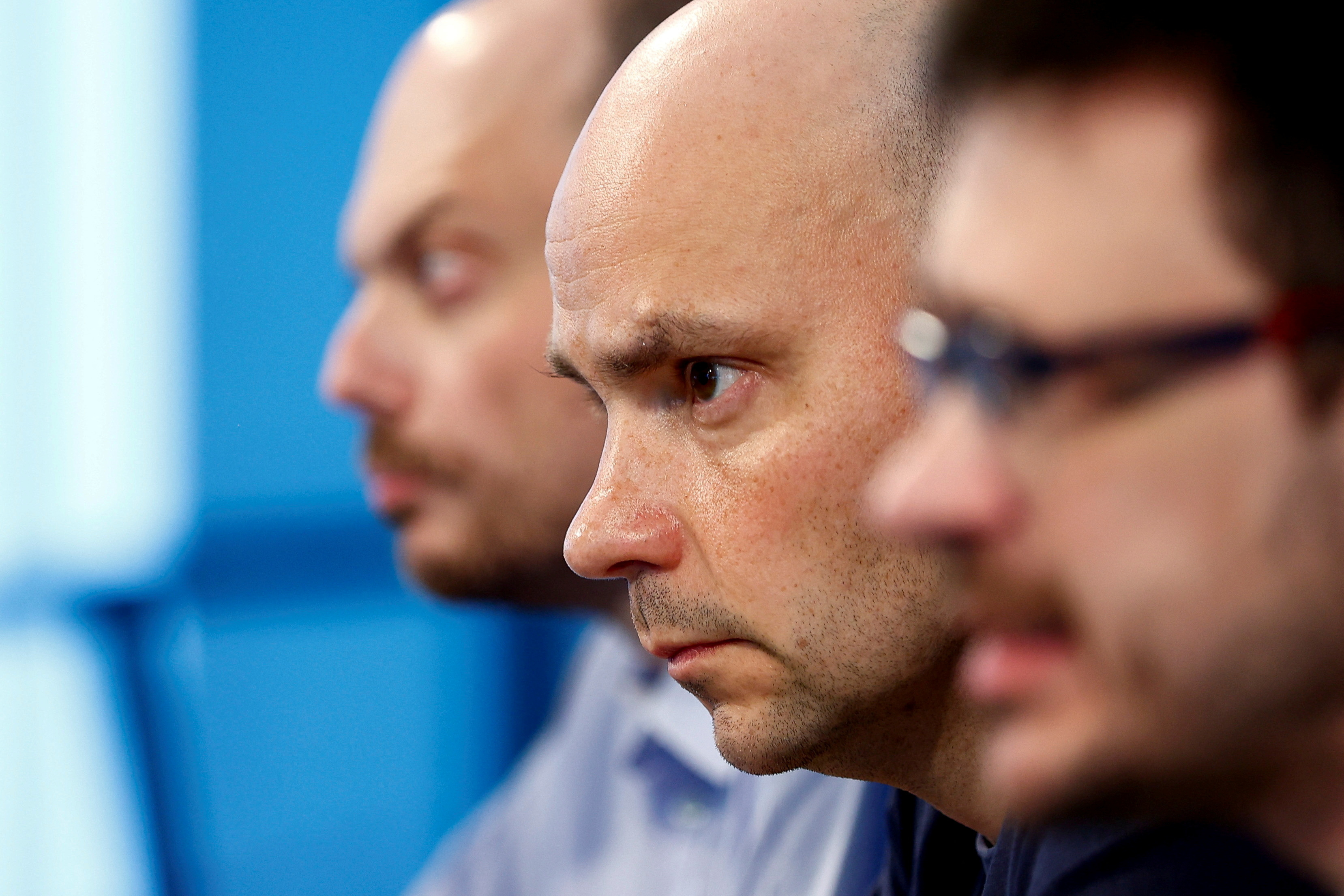 Russian dissidents Ilya Yashin, Vladimir Kara-Murza and Andrei Pivovarov hold a press conference after being freed, in Bonn