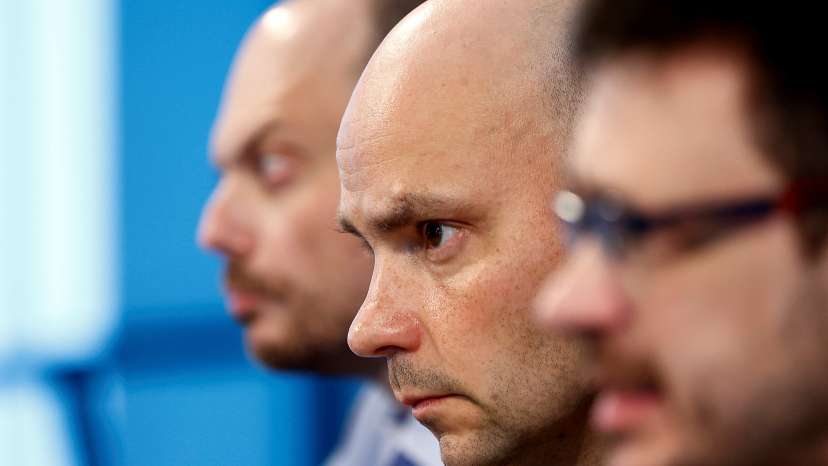 Russian dissidents Ilya Yashin, Vladimir Kara-Murza and Andrei Pivovarov hold a press conference after being freed, in Bonn