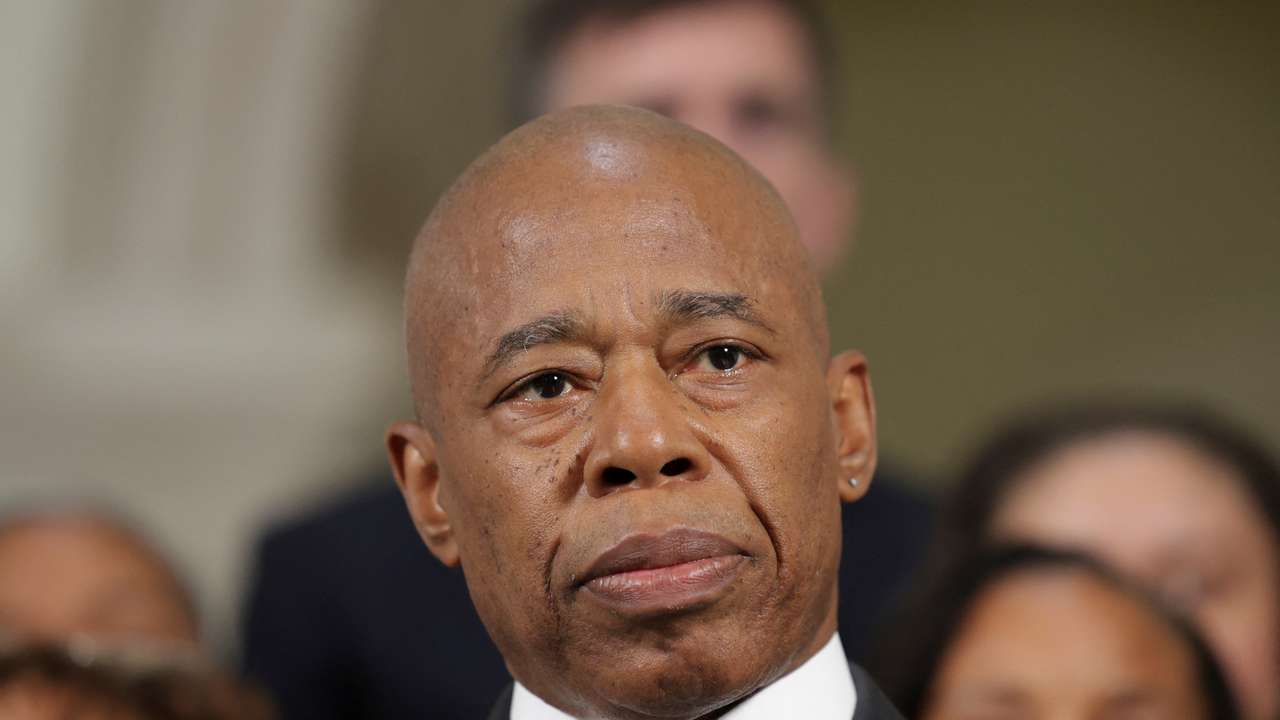 New York City Mayor Eric Adams speaks during an event at City Hall in New York