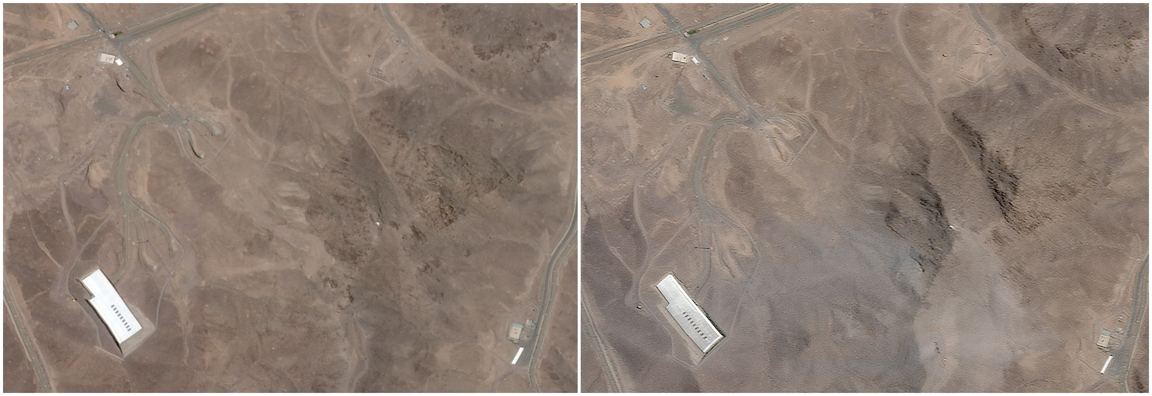 A combination picture shows satellite images over Fordow, before and after the U.S. struck the underground nuclear facility, near Qom