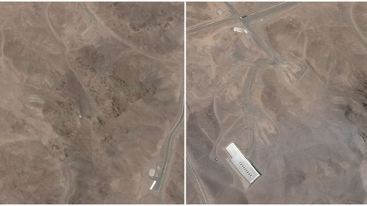 A combination picture shows satellite images over Fordow, before and after the U.S. struck the underground nuclear facility, near Qom