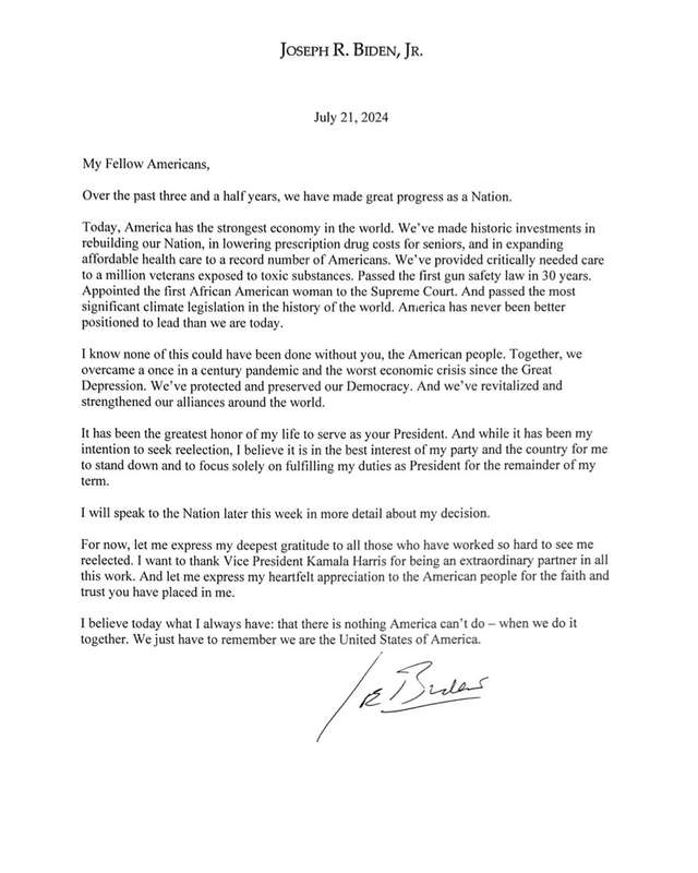President Joe Biden's letter announcing his decision to withdraw from the 2024 presidential race