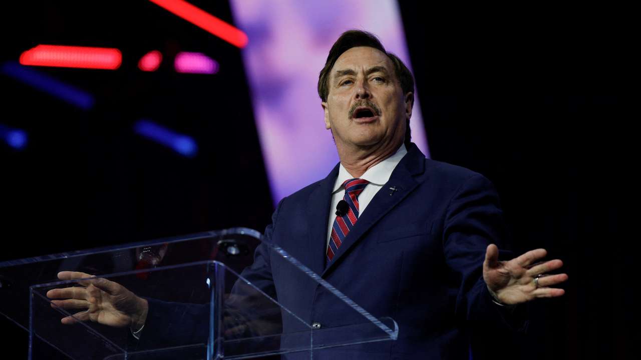 Mike Lindell, business man also known as My Pillow Guy, speaks at an event held by the national conservative political movement, 'Turning Point' in Detroit