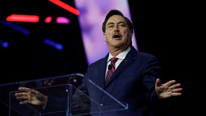 Mike Lindell, business man also known as My Pillow Guy, speaks at an event held by the national conservative political movement, 'Turning Point' in Detroit